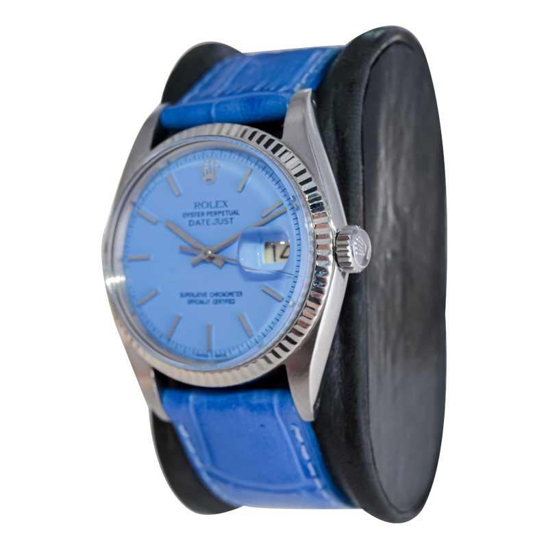 Rolex Steel Oyster Perpetual Datejust with Exceptional Custom Blue Dial, 1960's In Excellent Condition For Sale In Long Beach, CA