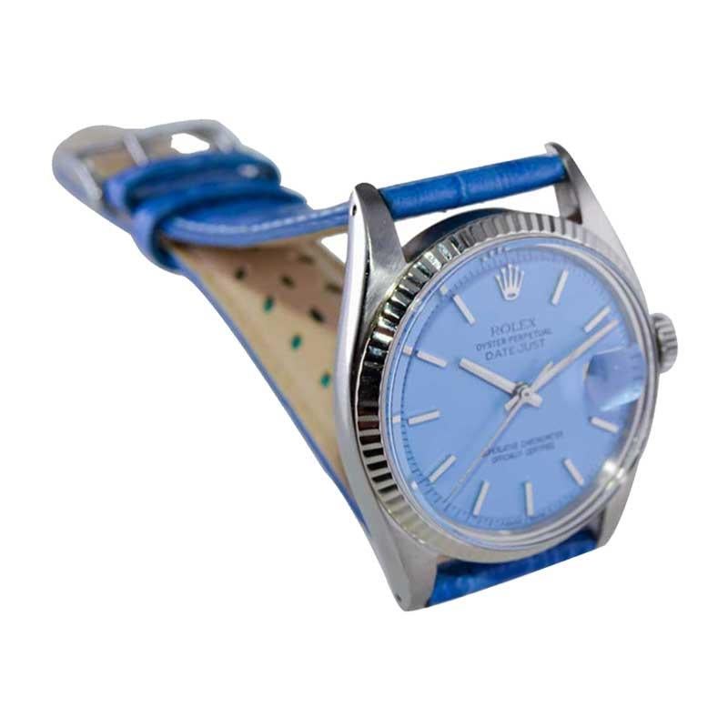 Women's or Men's Rolex Steel Oyster Perpetual Datejust with Exceptional Custom Blue Dial, 1960's For Sale