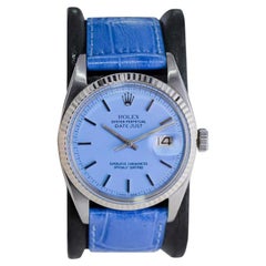 Rolex Oyster Perpetual Datejust de acero con excepcional esfera azul personalizada, años 60