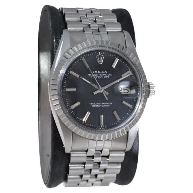 Rolex Steel Oyster Perpetual Datejust with Factory Original Black Dial, 1970s For Sale