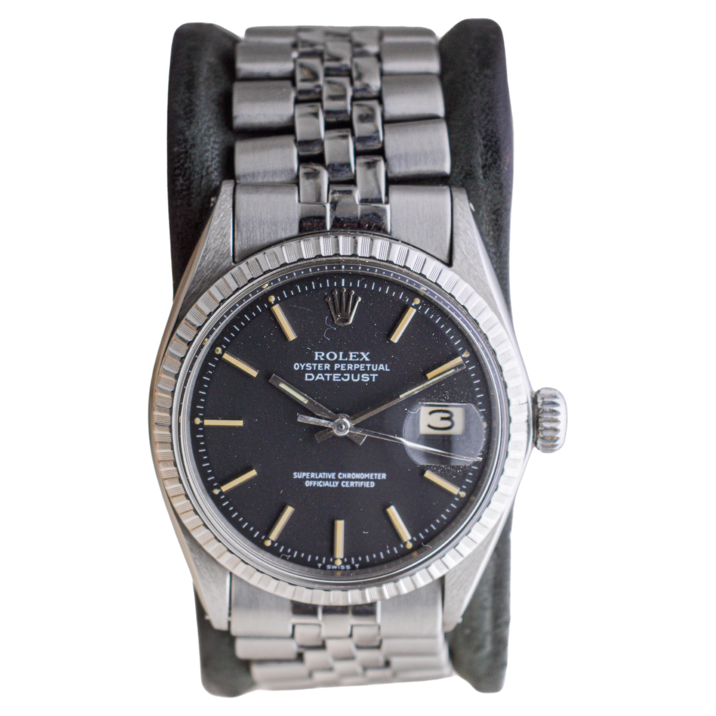 Modern Rolex Steel Oyster Perpetual Datejust with Rare Black Dial circa, 1960's For Sale
