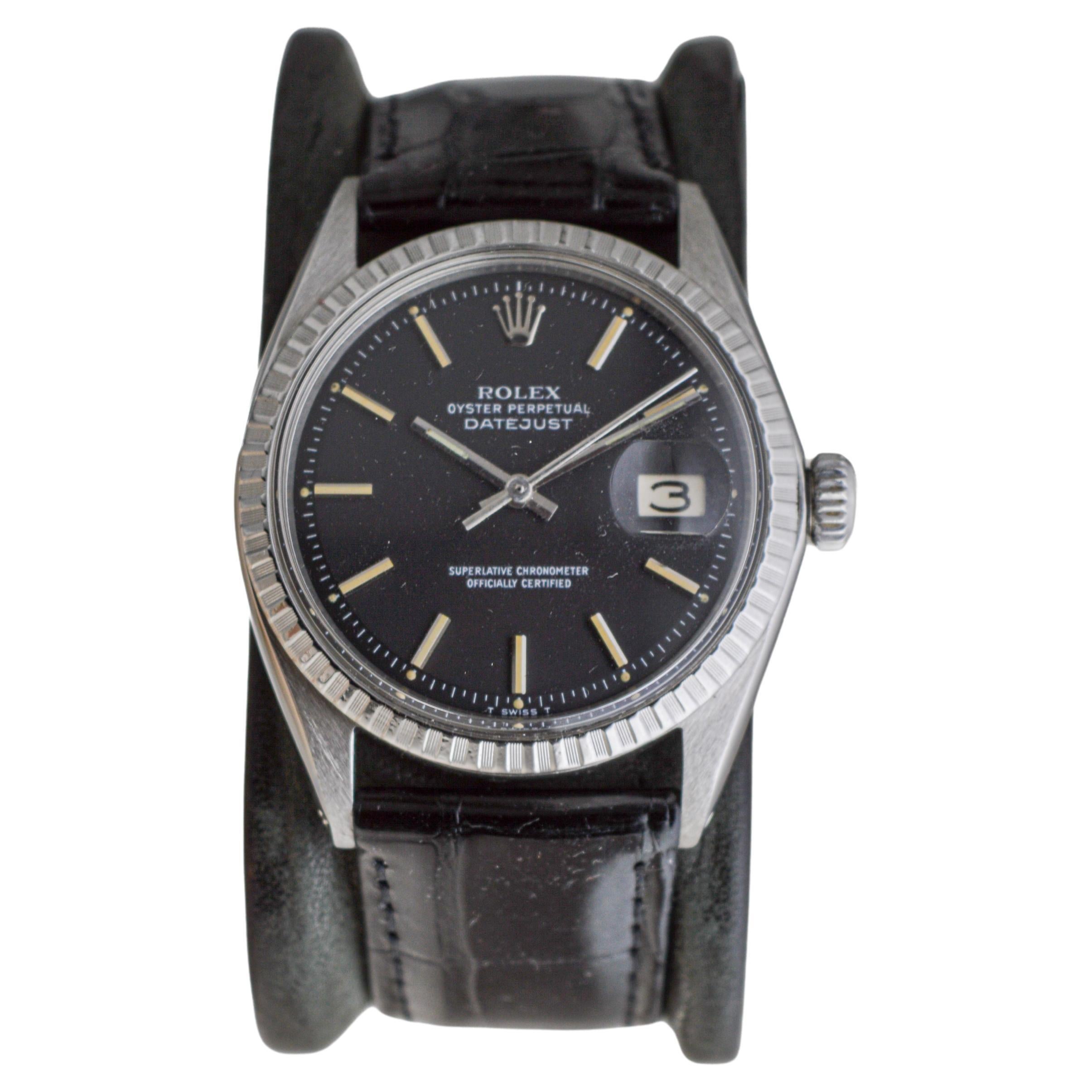 Modern Rolex Steel Oyster Perpetual Datejust with Rare Black Dial circa, 1960's For Sale
