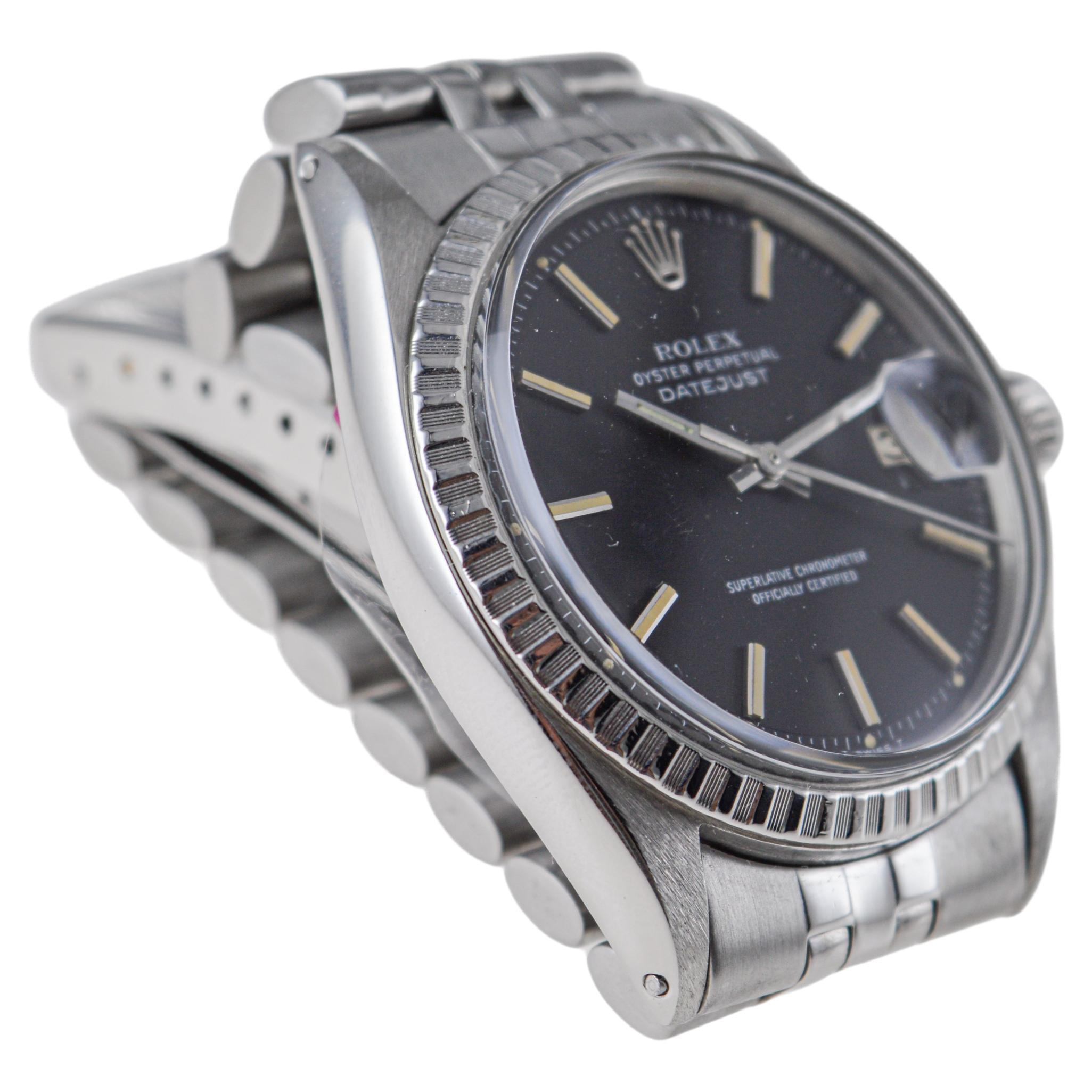 Women's or Men's Rolex Steel Oyster Perpetual Datejust with Rare Black Dial circa, 1960's For Sale