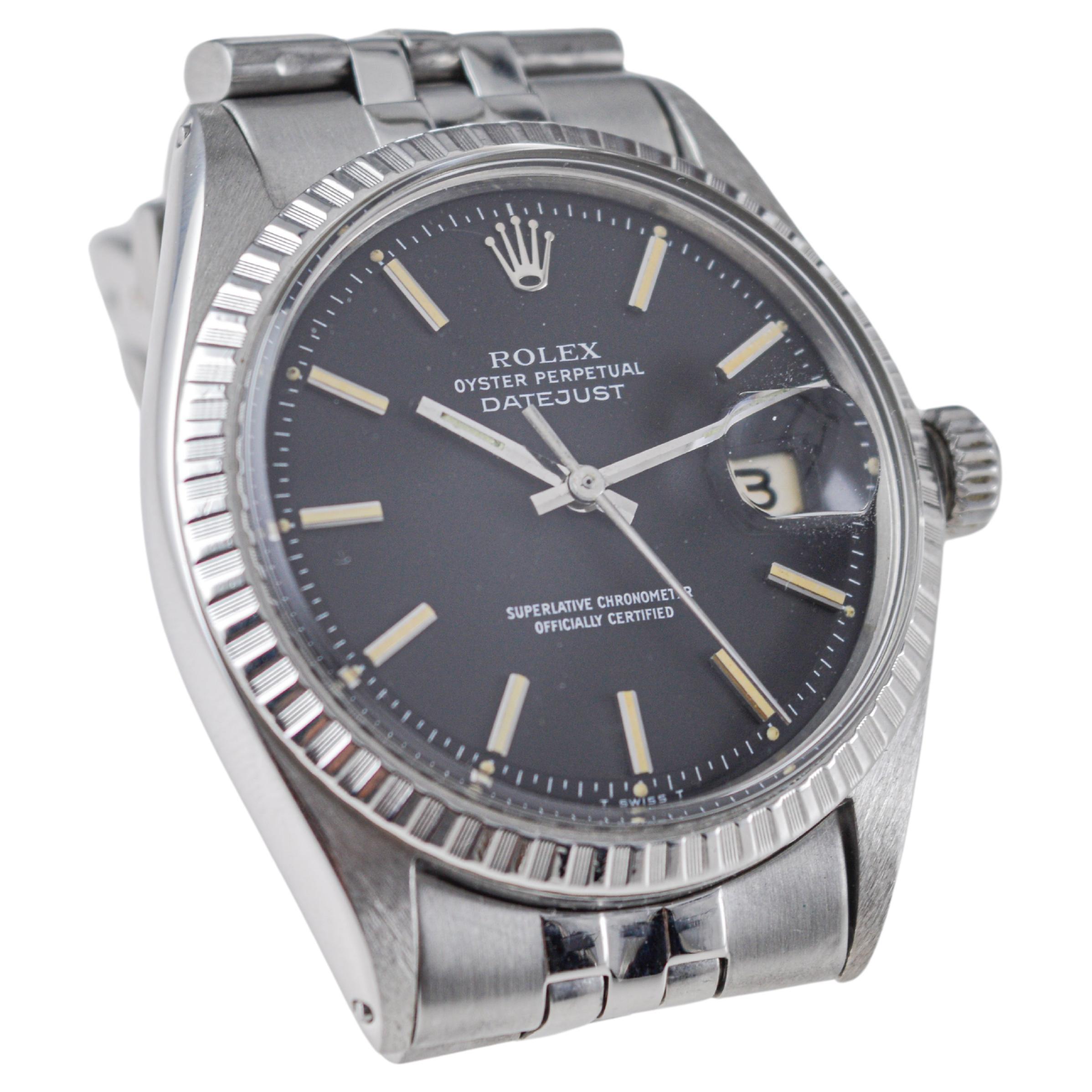 Rolex Steel Oyster Perpetual Datejust with Rare Black Dial circa, 1960's For Sale 1