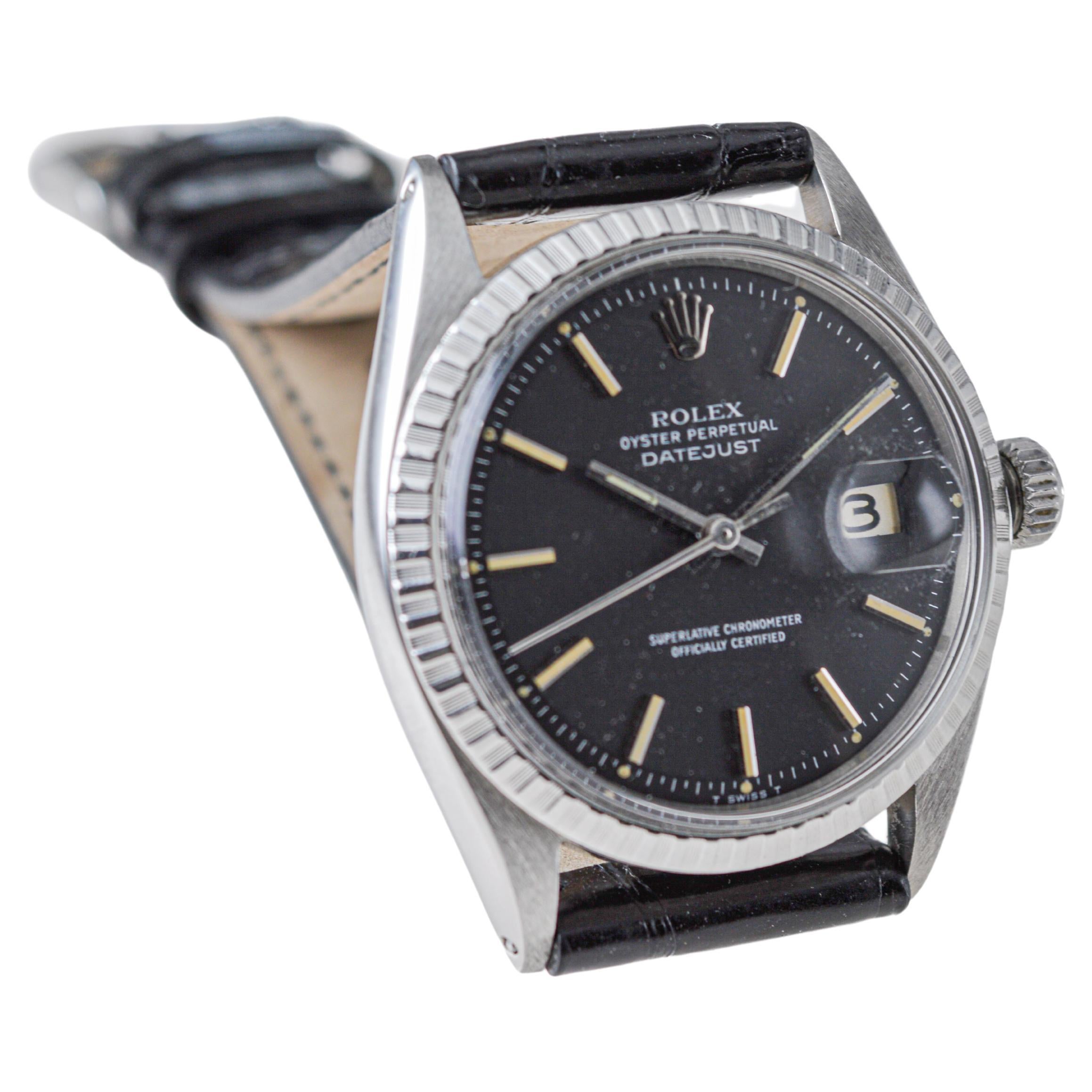 Rolex Steel Oyster Perpetual Datejust with Rare Black Dial circa, 1960's For Sale 1