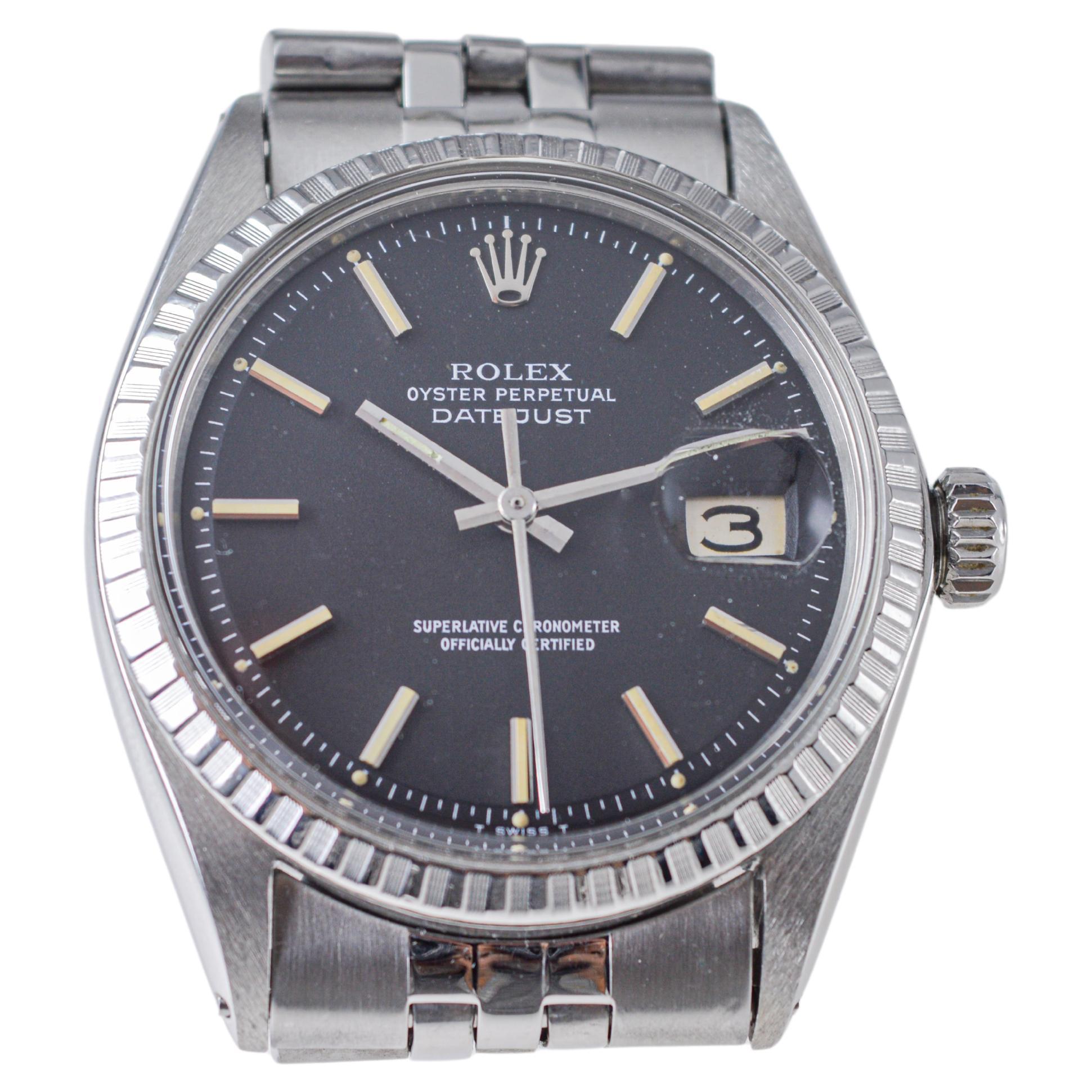Rolex Steel Oyster Perpetual Datejust with Rare Black Dial circa, 1960's For Sale 2