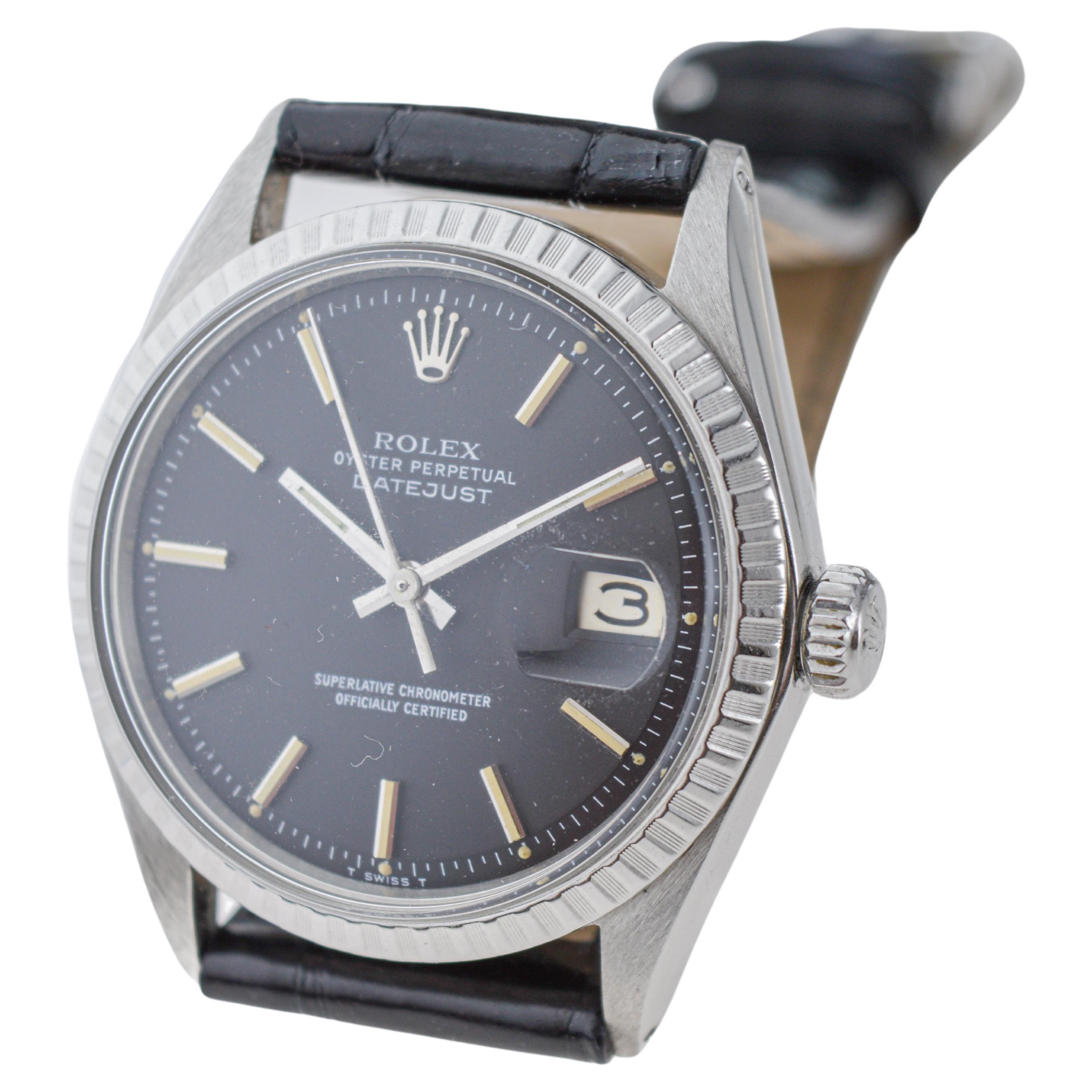 Rolex Steel Oyster Perpetual Datejust with Rare Black Dial circa, 1960's For Sale 3