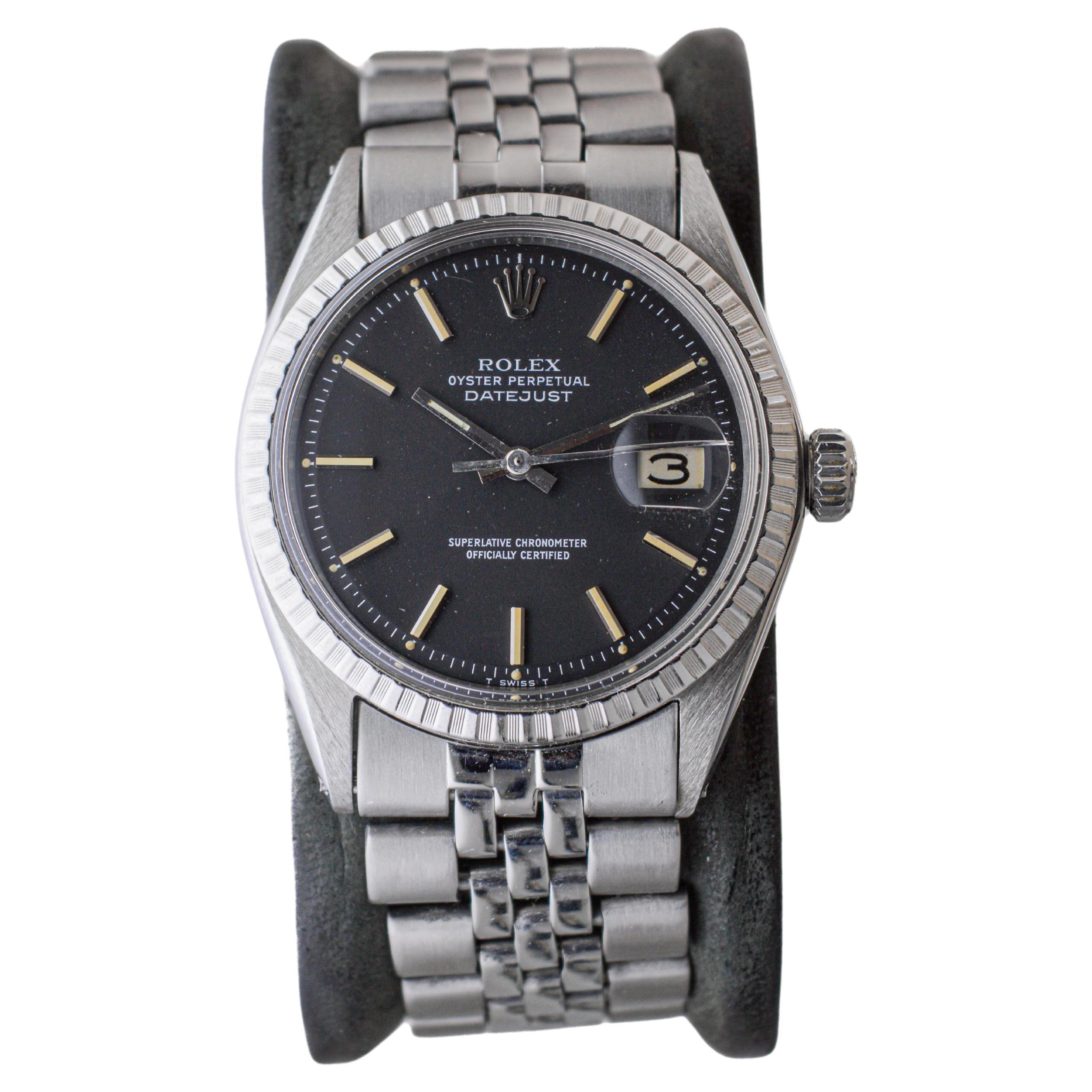 Rolex Steel Oyster Perpetual Datejust with Rare Black Dial circa, 1960's For Sale