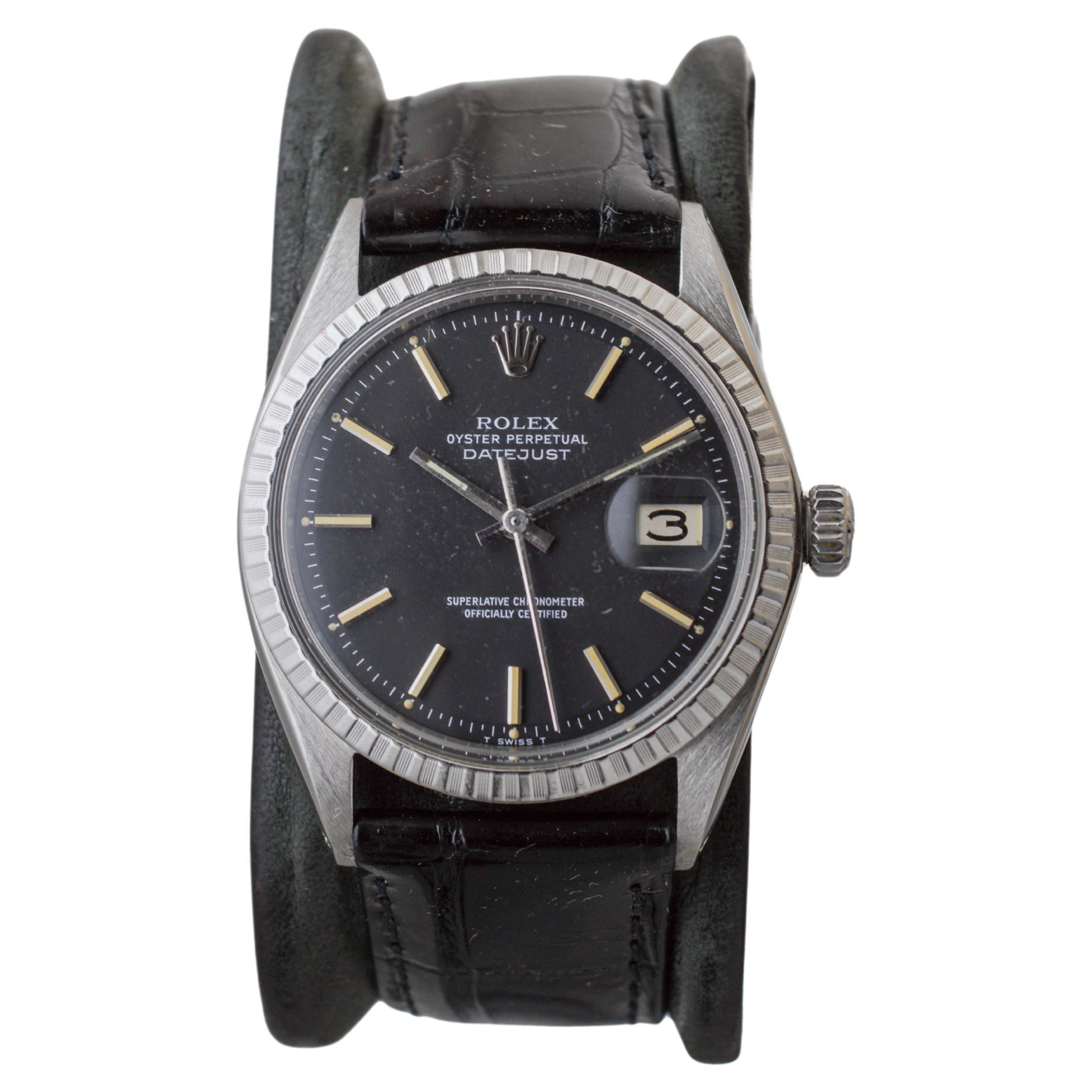 Rolex Steel Oyster Perpetual Datejust with Rare Black Dial circa, 1960's For Sale