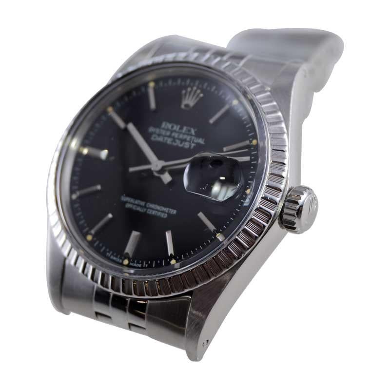 Rolex Steel Oyster Perpetual Datejust with Rare Original Black Dial 1980's For Sale 1