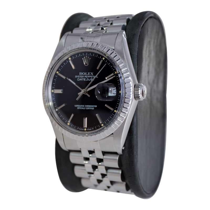 Modern Rolex Steel Oyster Perpetual Datejust with Rare Original Black Dial 1980's For Sale