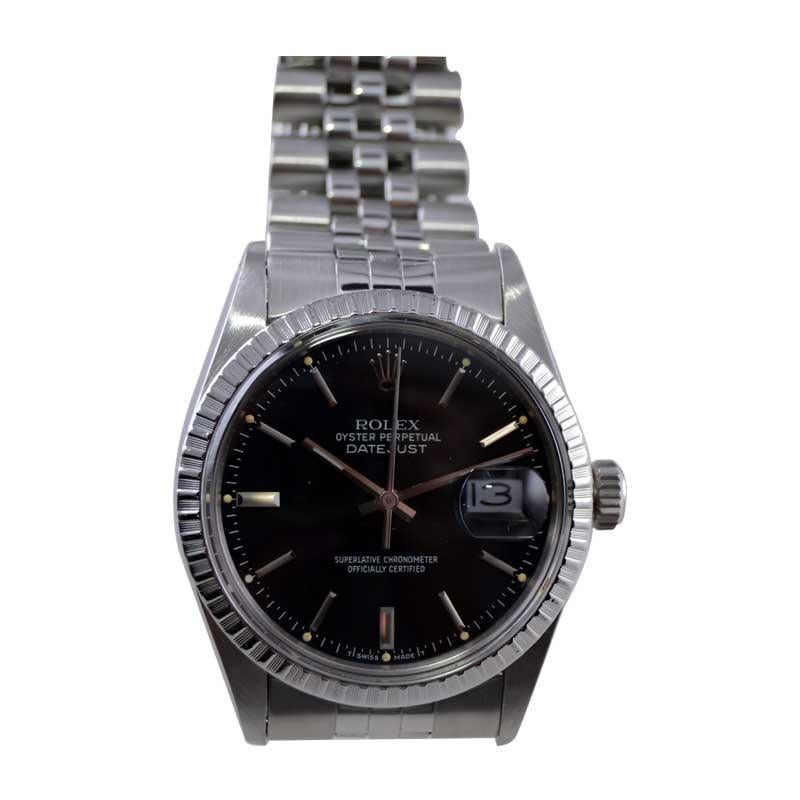 Women's or Men's Rolex Steel Oyster Perpetual Datejust with Rare Original Black Dial 1980's For Sale