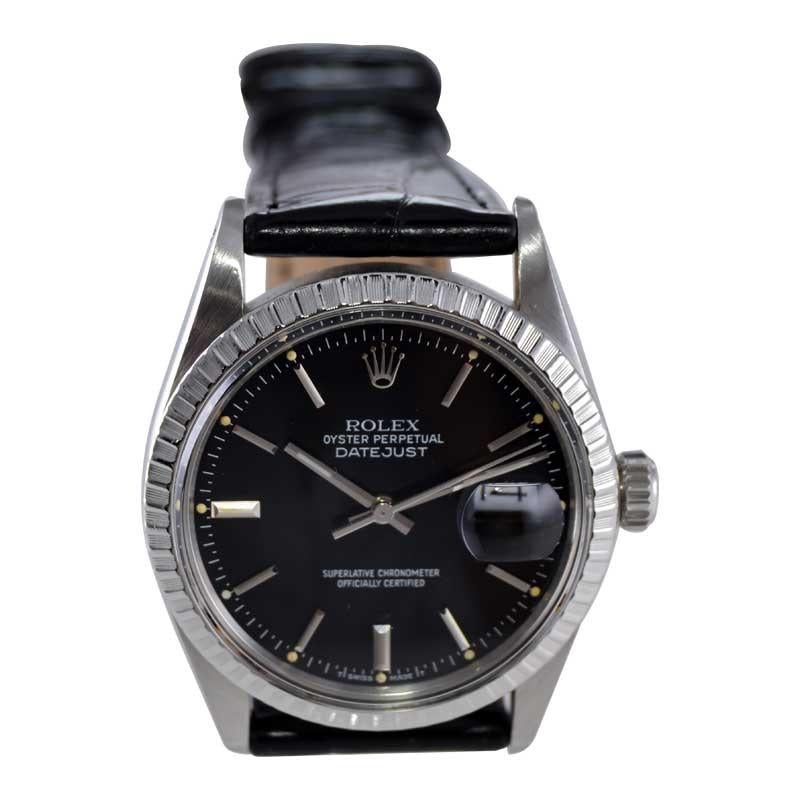 Women's or Men's Rolex Steel Oyster Perpetual Datejust with Rare Original Black Dial Mid 1980's For Sale