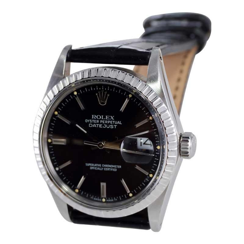 Rolex Steel Oyster Perpetual Datejust with Rare Original Black Dial Mid 1980's For Sale 1