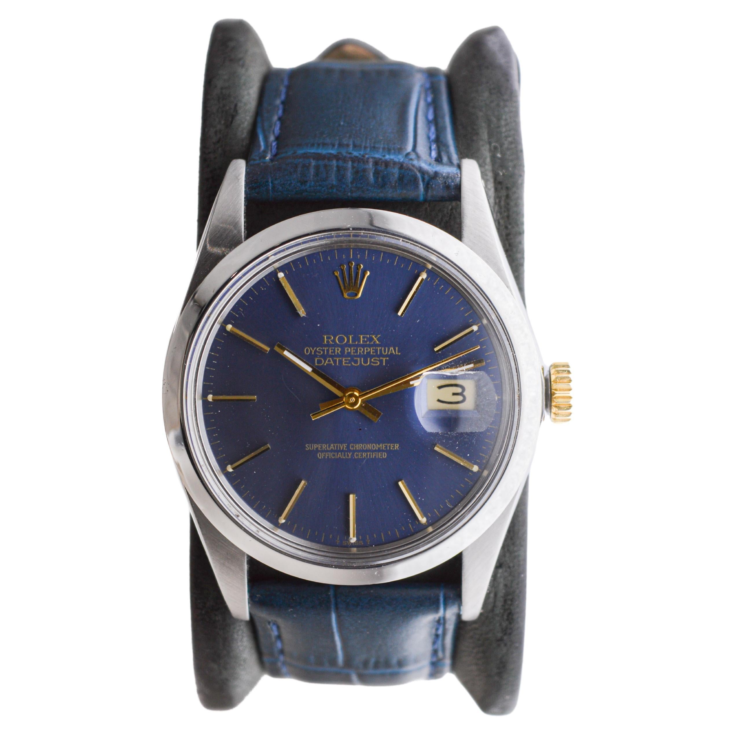 Modern Rolex Steel Oyster Perpetual Datejust with Rare Original Blue Dial circa, 1980's For Sale