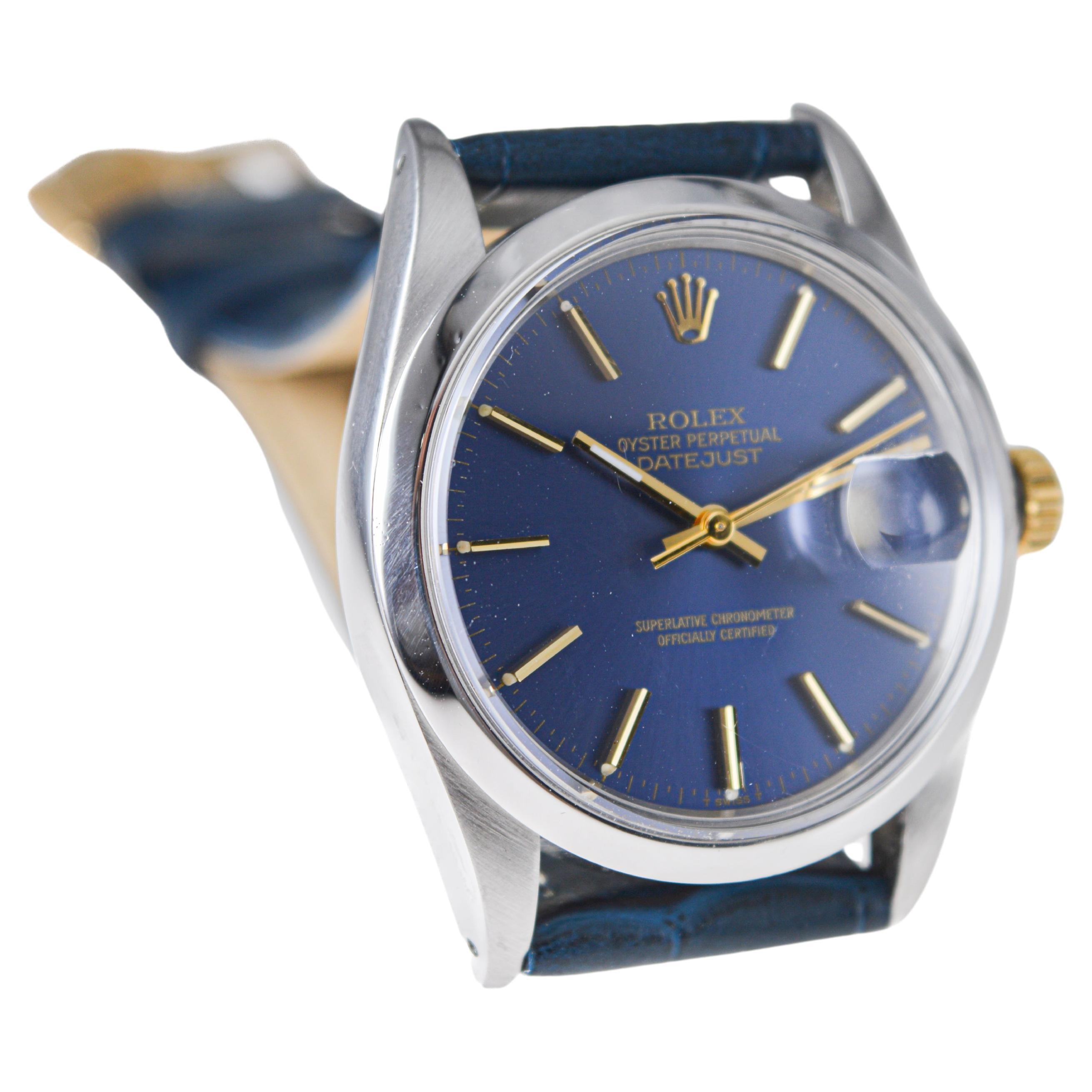 Women's or Men's Rolex Steel Oyster Perpetual Datejust with Rare Original Blue Dial circa, 1980's For Sale
