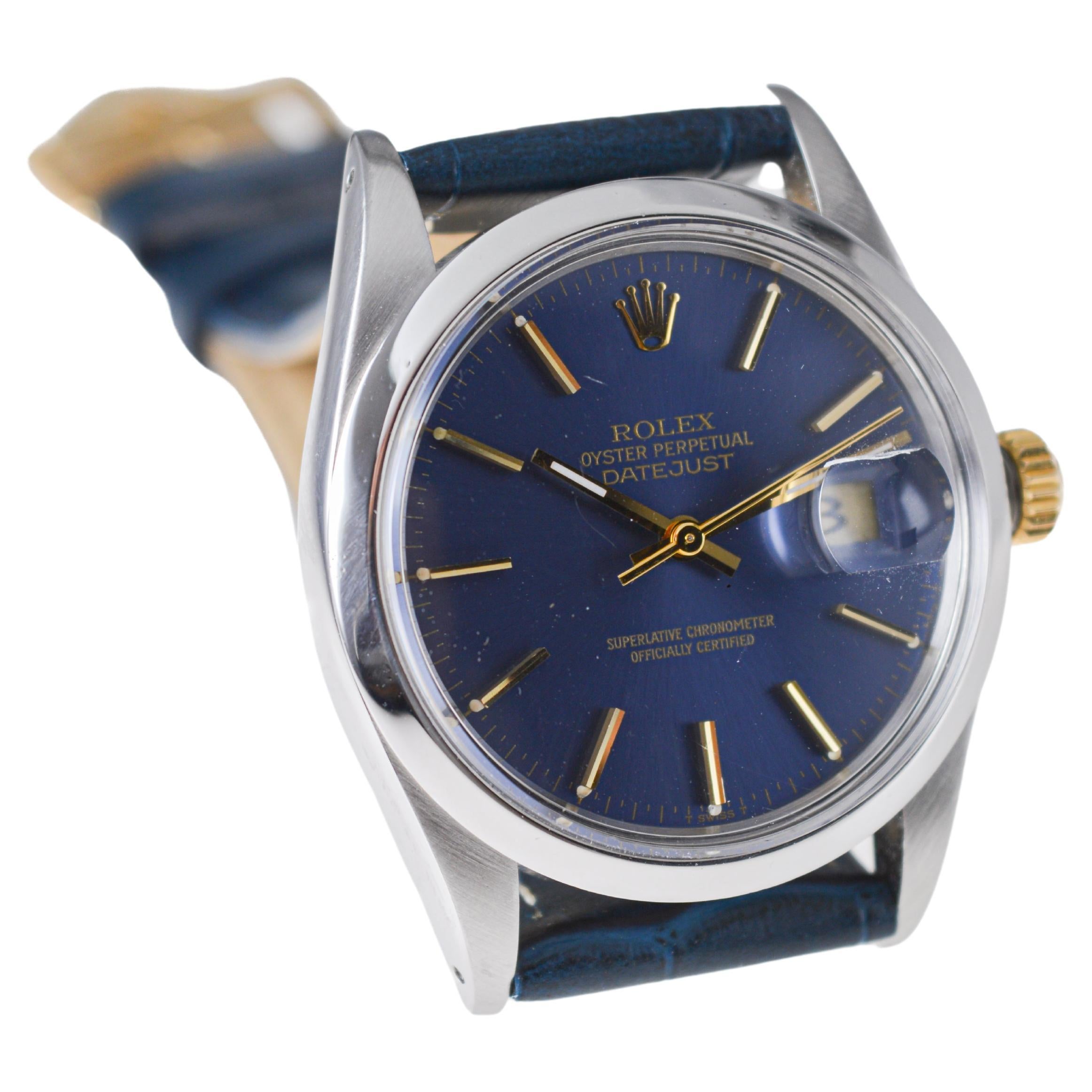 Rolex Steel Oyster Perpetual Datejust with Rare Original Blue Dial circa, 1980's For Sale 1