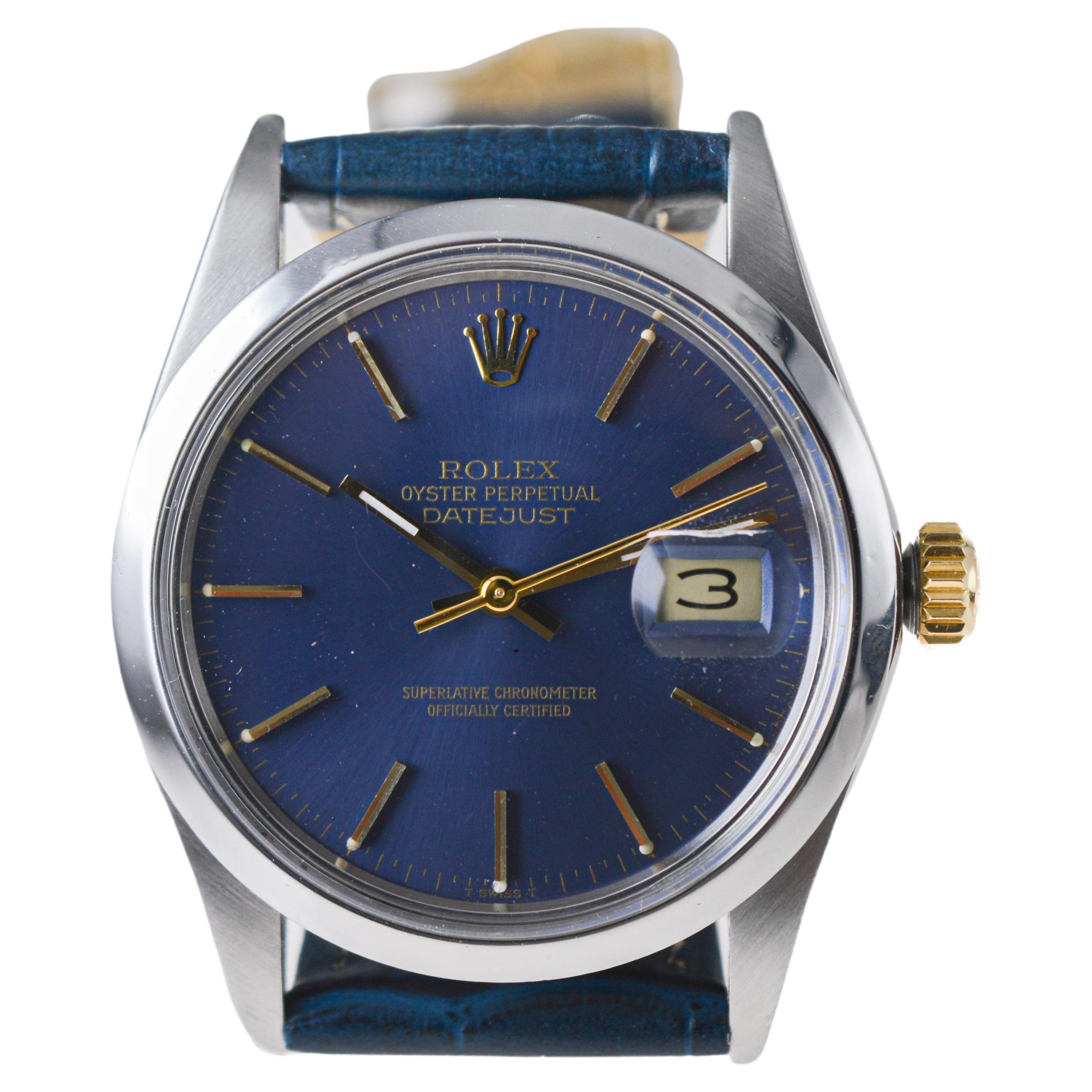 Rolex Steel Oyster Perpetual Datejust with Rare Original Blue Dial circa, 1980's For Sale 2