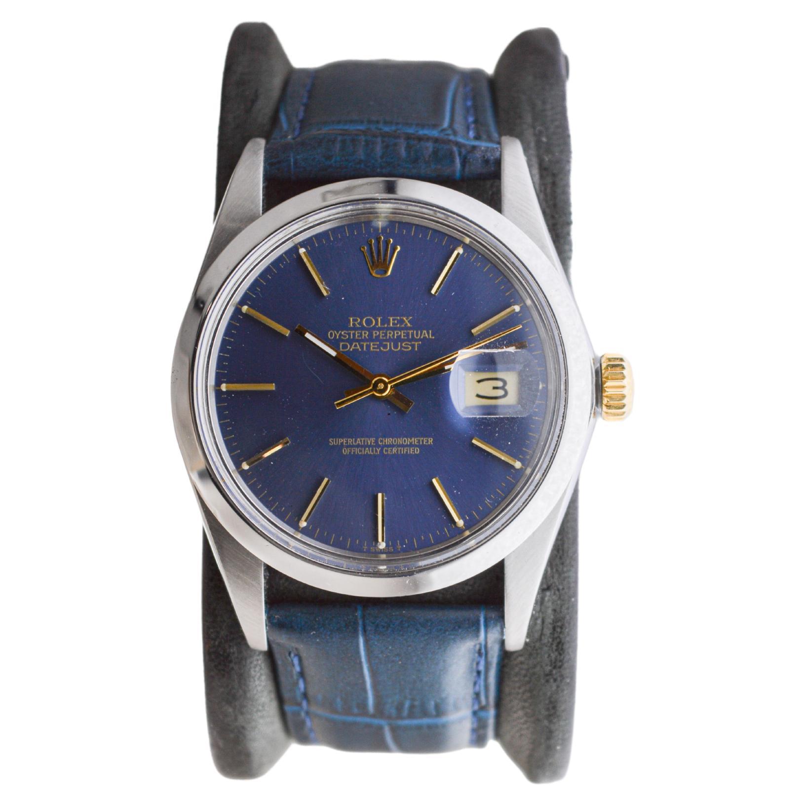 Rolex Steel Oyster Perpetual Datejust with Rare Original Blue Dial circa, 1980's For Sale
