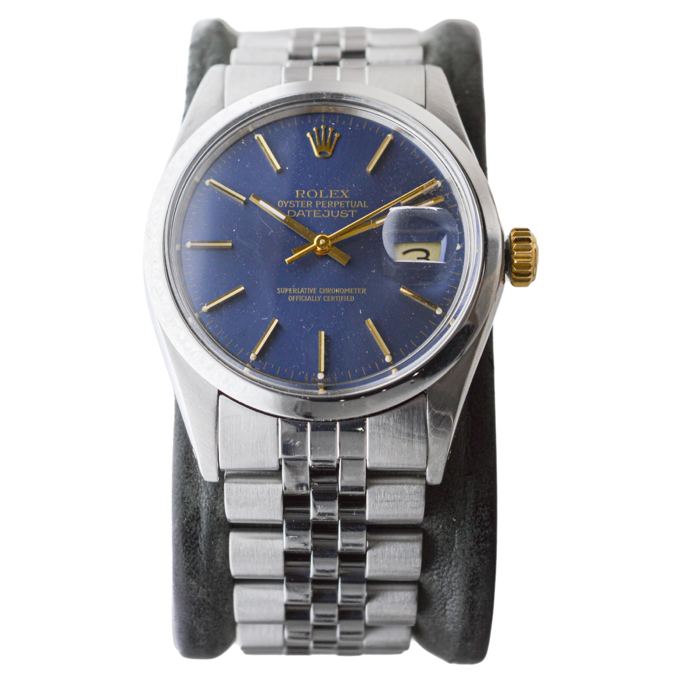 Modern Rolex Steel Oyster Perpetual Datejust with Rare Original Blue Dial from 1987 For Sale