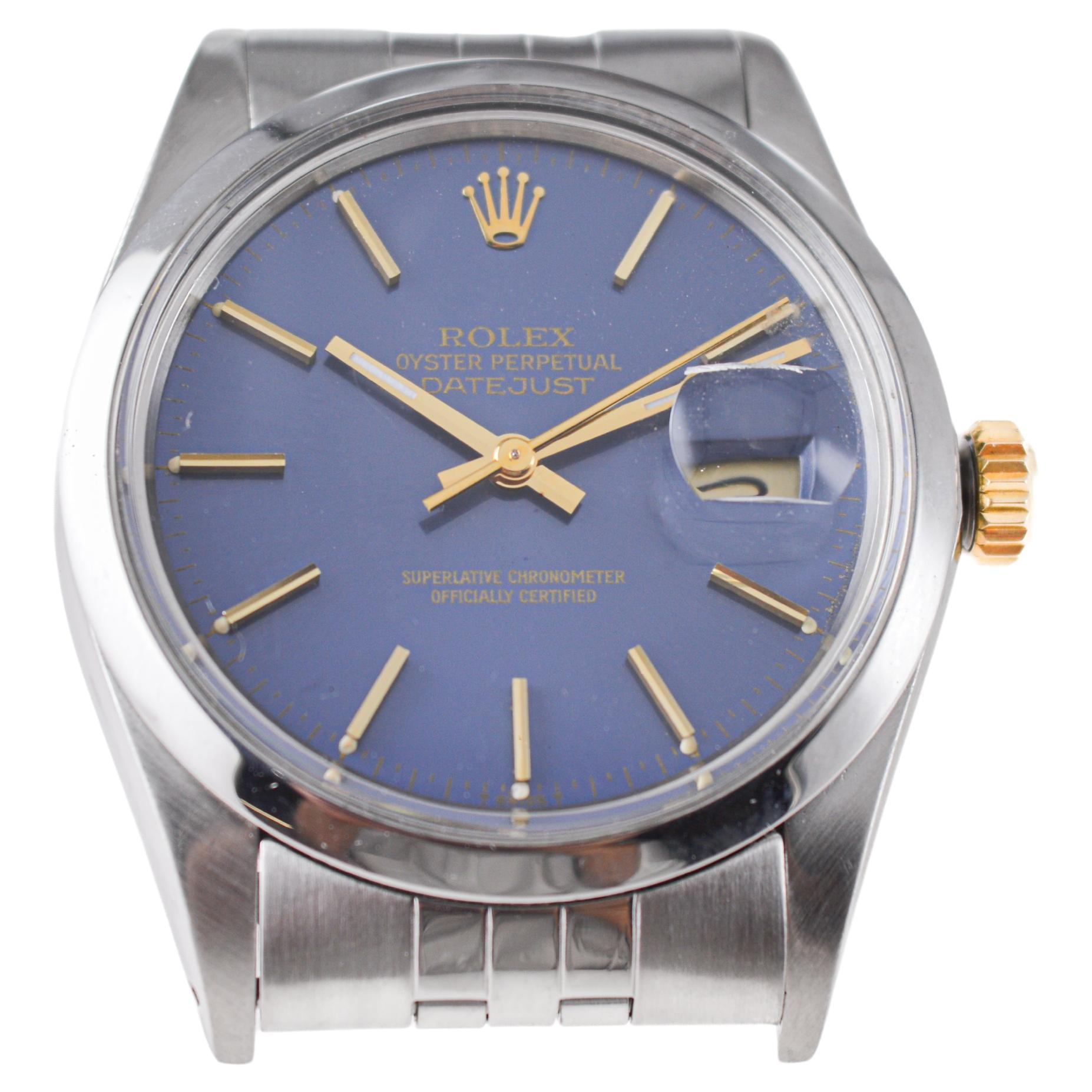 Rolex Steel Oyster Perpetual Datejust with Rare Original Blue Dial from 1987 For Sale 1