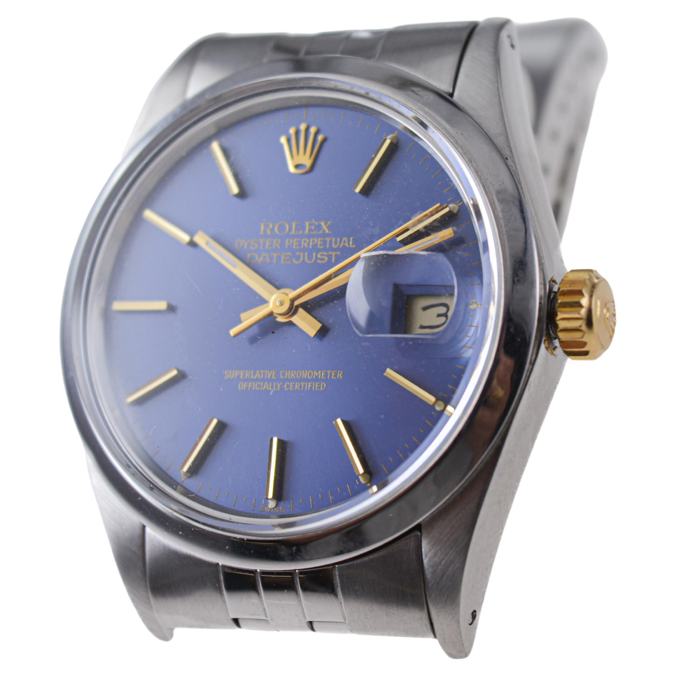 Rolex Steel Oyster Perpetual Datejust with Rare Original Blue Dial from 1987 For Sale 2