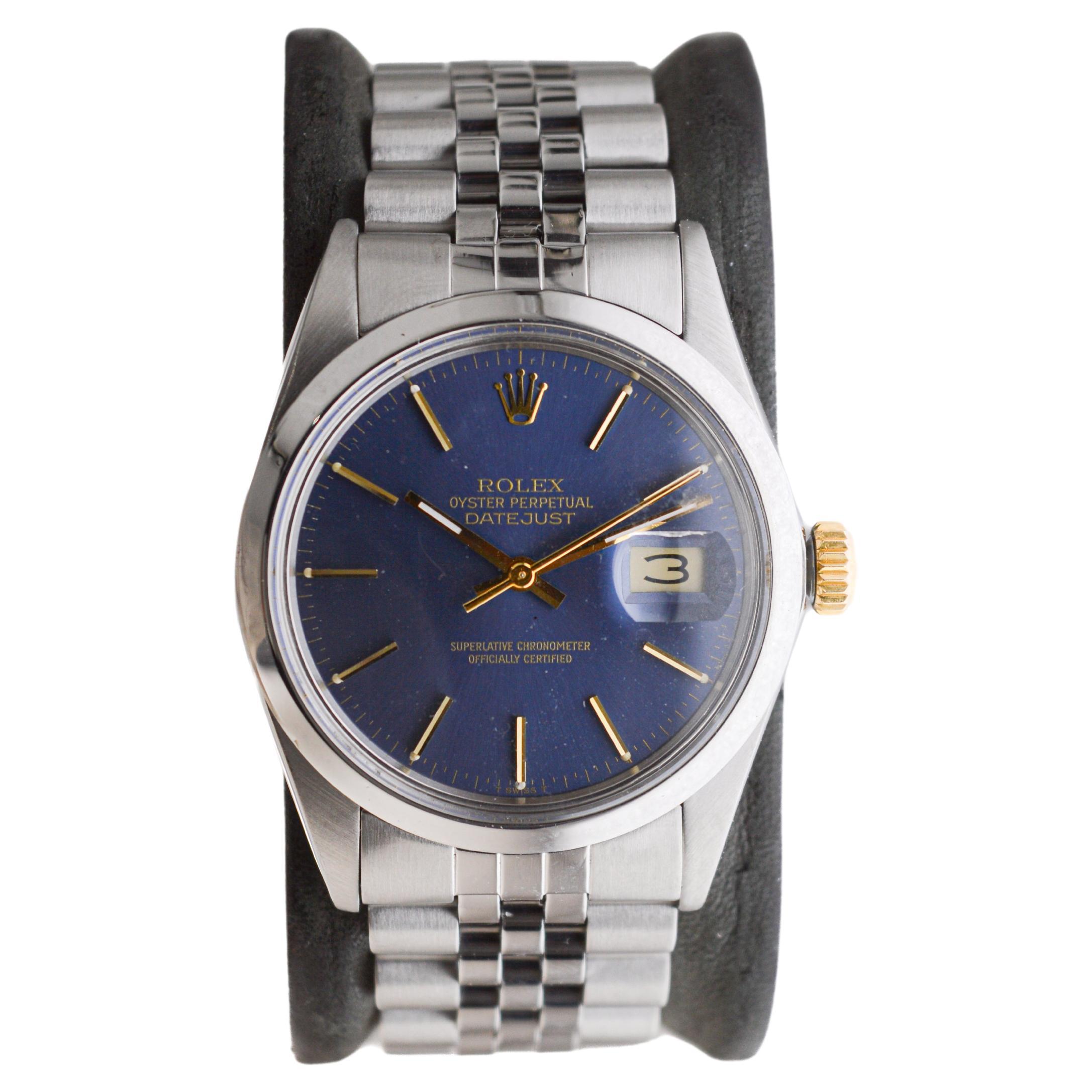 Rolex Steel Oyster Perpetual Datejust with Rare Original Blue Dial from 1987 For Sale