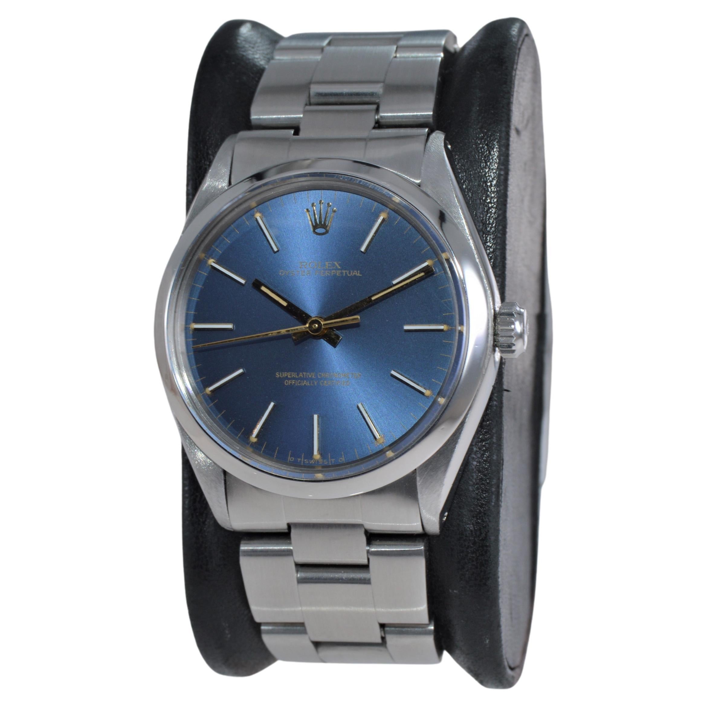 Rolex Steel Oyster Perpetual Factory Original Metallic Blue Dial 1980s In Excellent Condition In Long Beach, CA