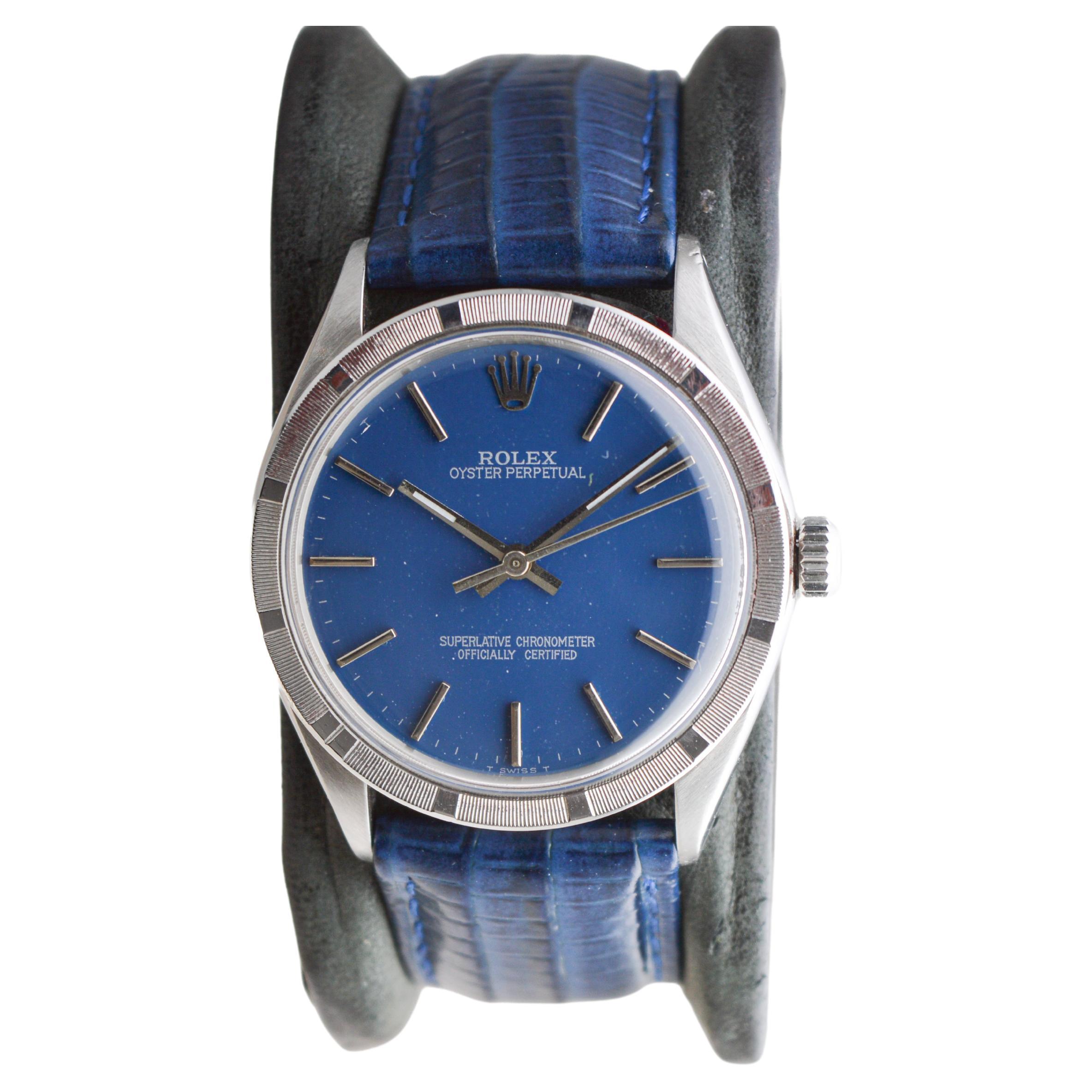 Rolex Steel Oyster Perpetual Thunderbird Bezel Custom Blue Dial circa, 1970's In Excellent Condition For Sale In Long Beach, CA