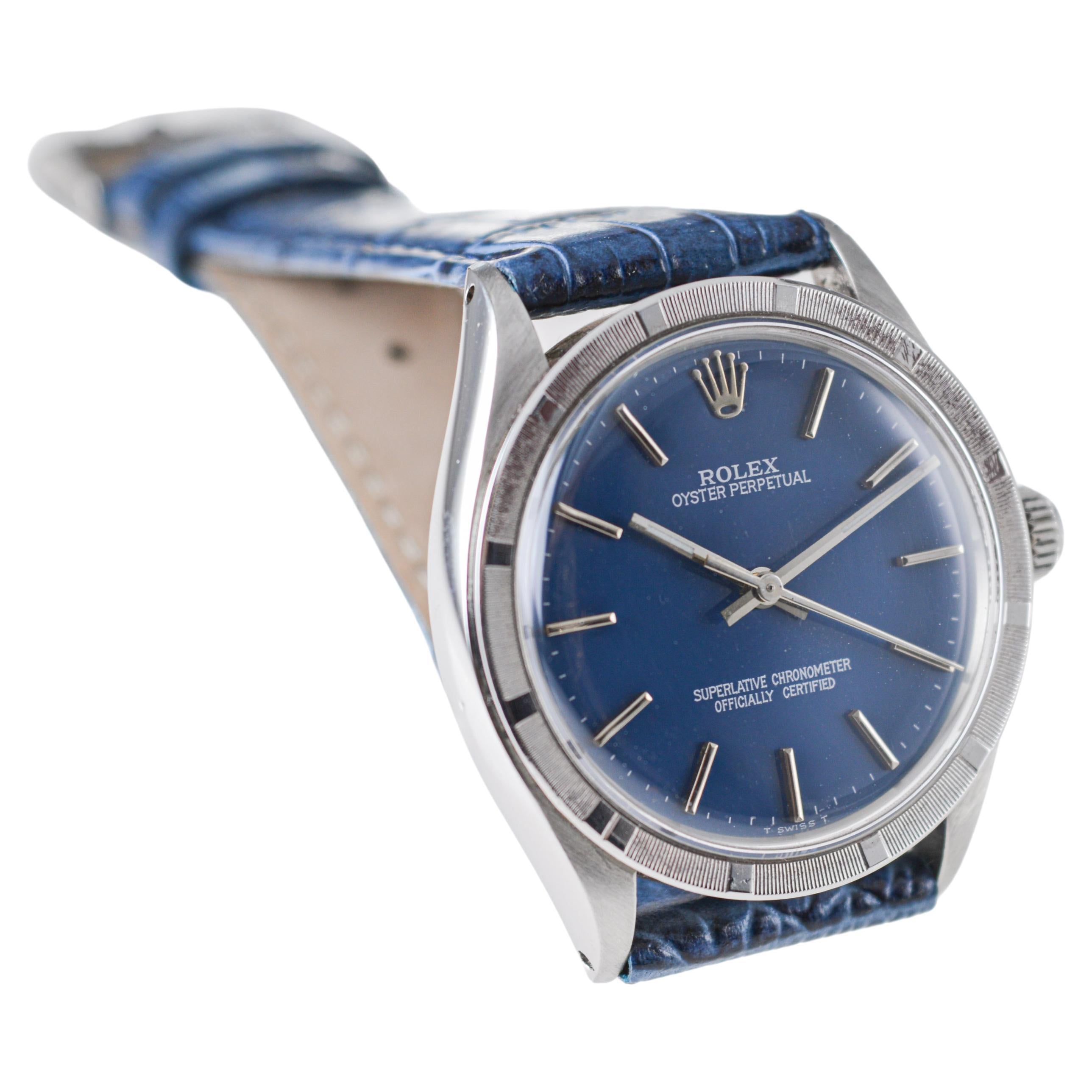 Rolex Steel Oyster Perpetual Thunderbird Bezel Custom Blue Dial, Early 1970's For Sale 7
