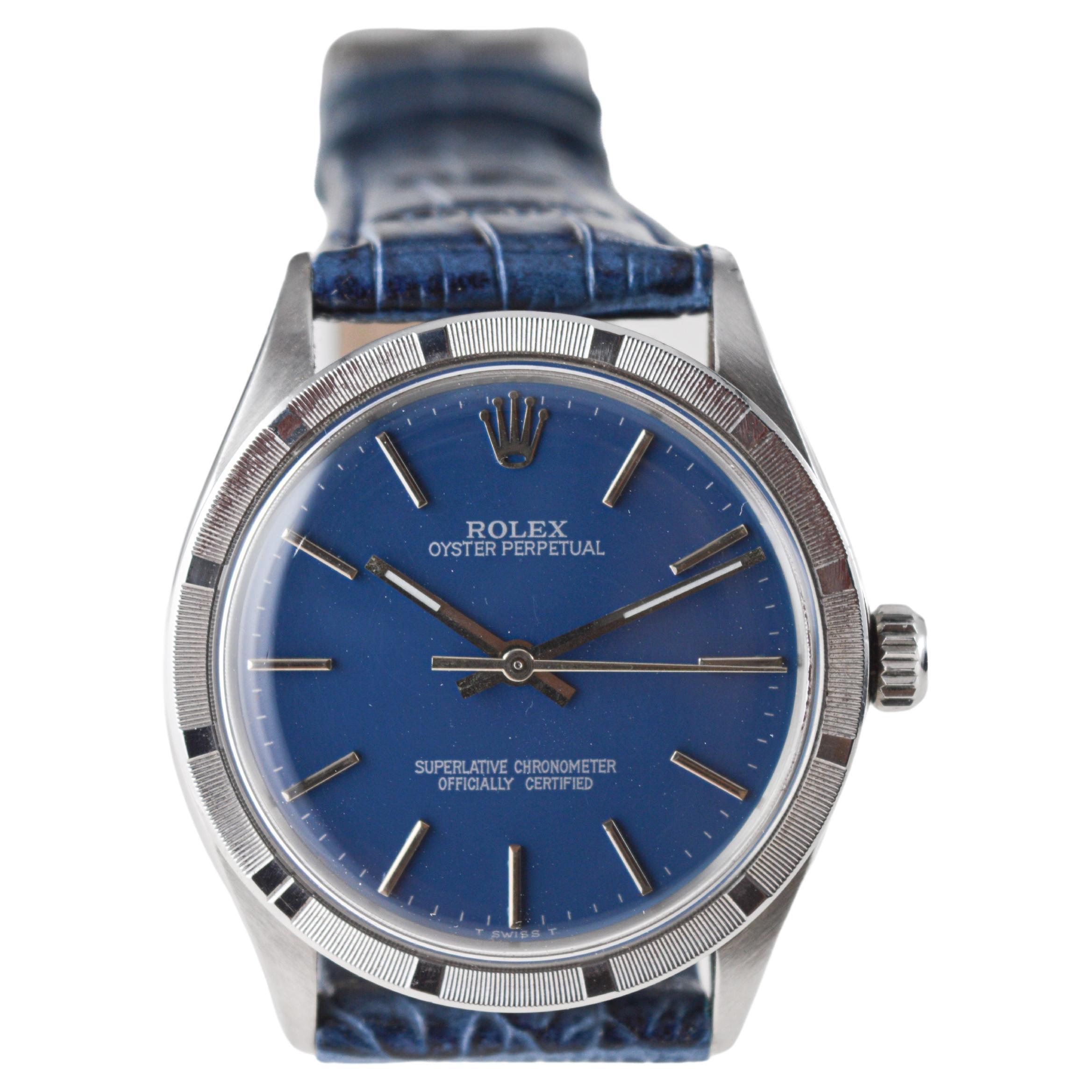 Rolex Steel Oyster Perpetual Thunderbird Bezel Custom Blue Dial, Early 1970's For Sale 8