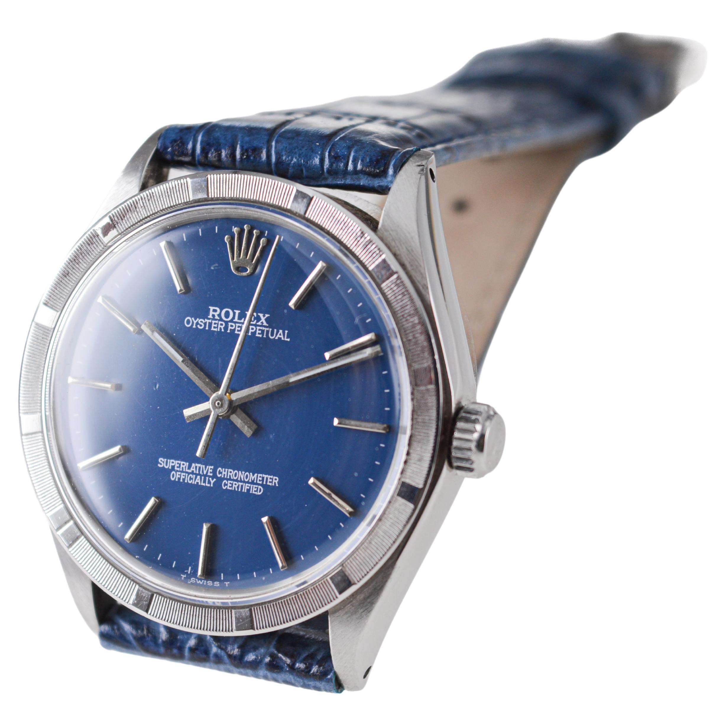 Rolex Steel Oyster Perpetual Thunderbird Bezel Custom Blue Dial, Early 1970's For Sale 9