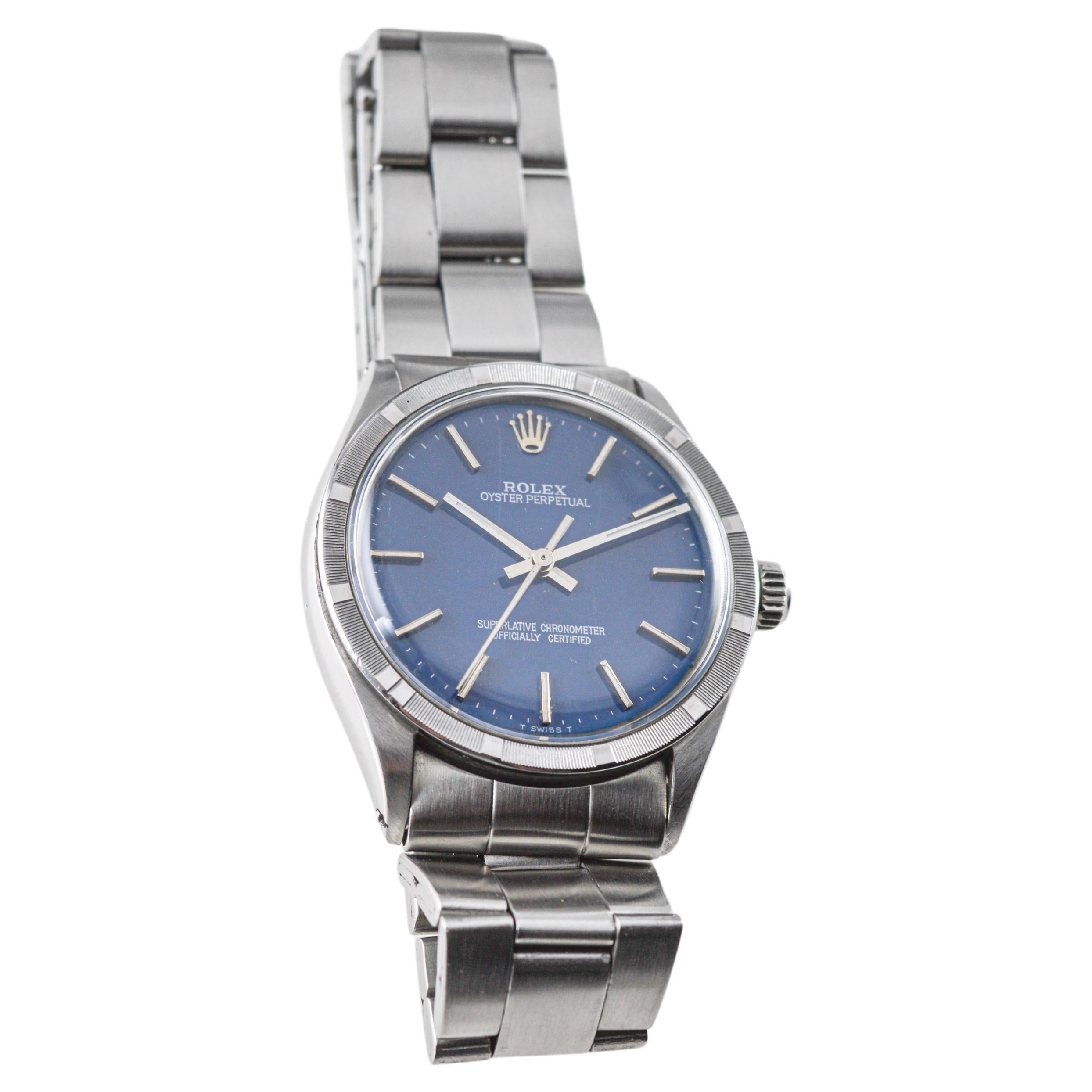 Rolex Steel Oyster Perpetual Thunderbird Bezel Custom Blue Dial, Early 1970's For Sale 1