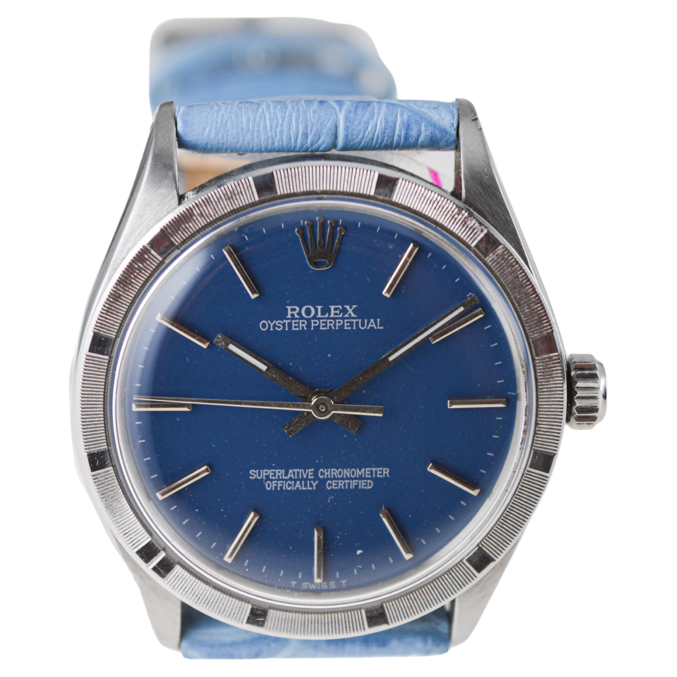 Rolex Steel Oyster Perpetual Thunderbird Bezel Custom Blue Dial, Early 1970's For Sale 1