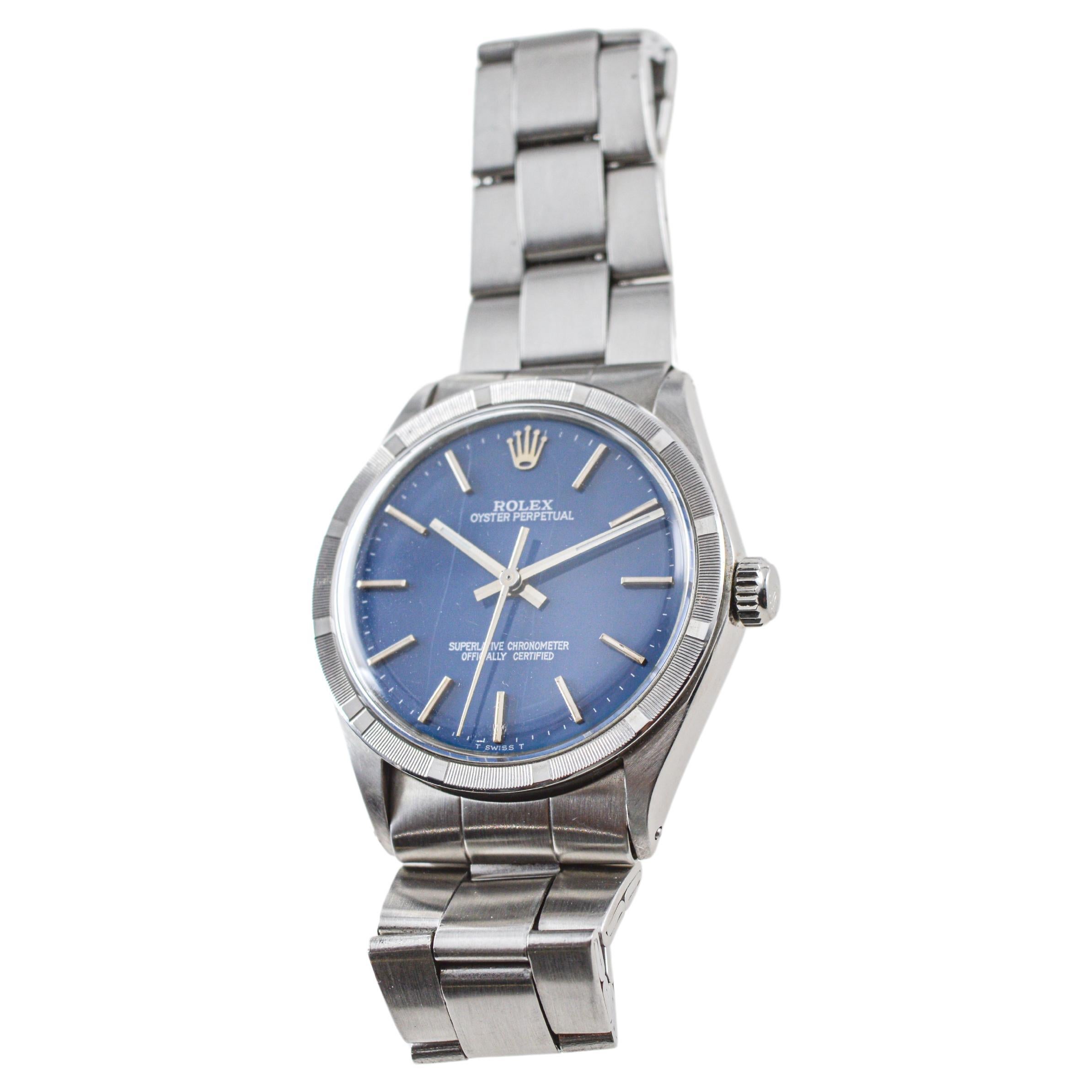 Rolex Steel Oyster Perpetual Thunderbird Bezel Custom Blue Dial, Early 1970's For Sale 2