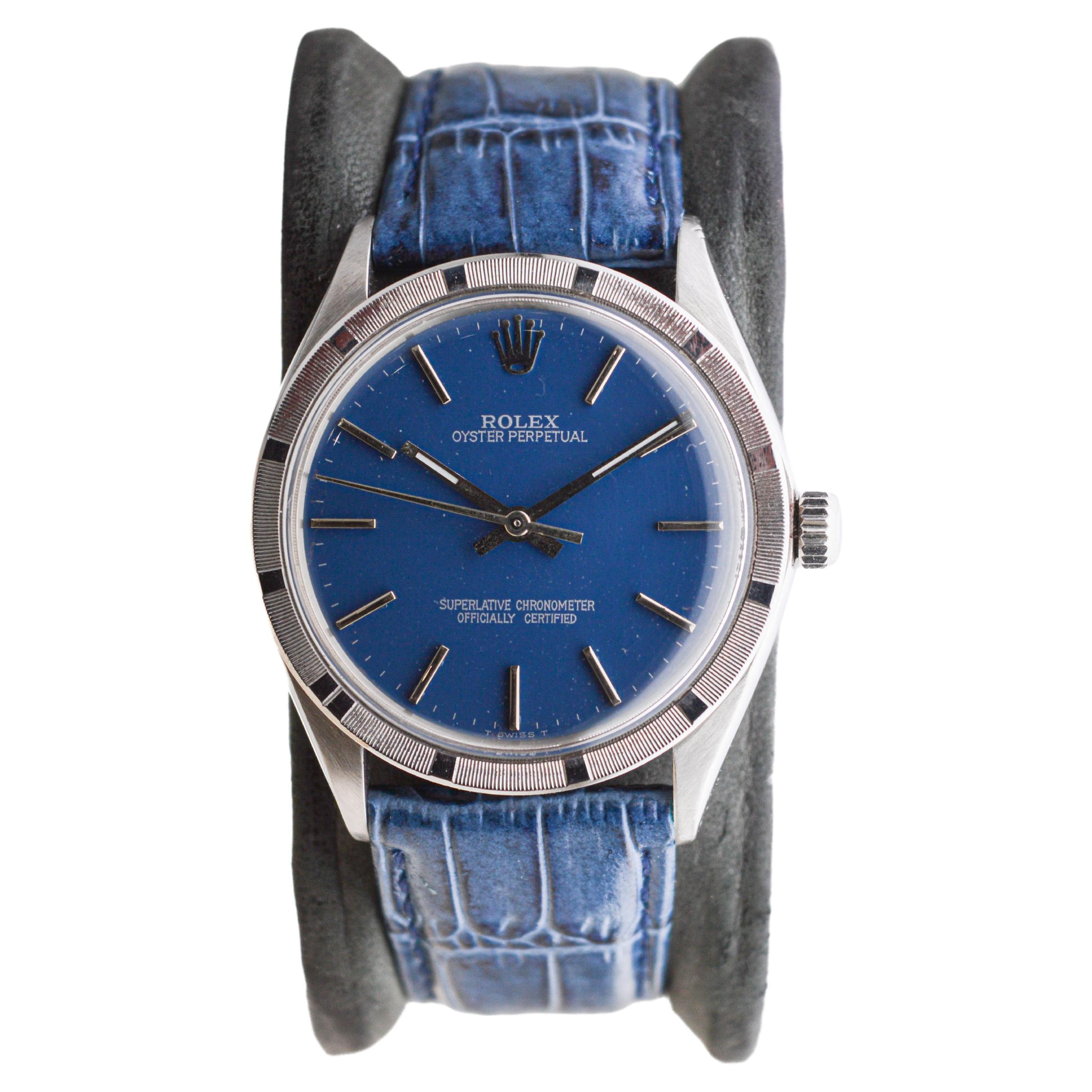 Rolex Steel Oyster Perpetual Thunderbird Bezel Custom Blue Dial, Early 1970's For Sale 4