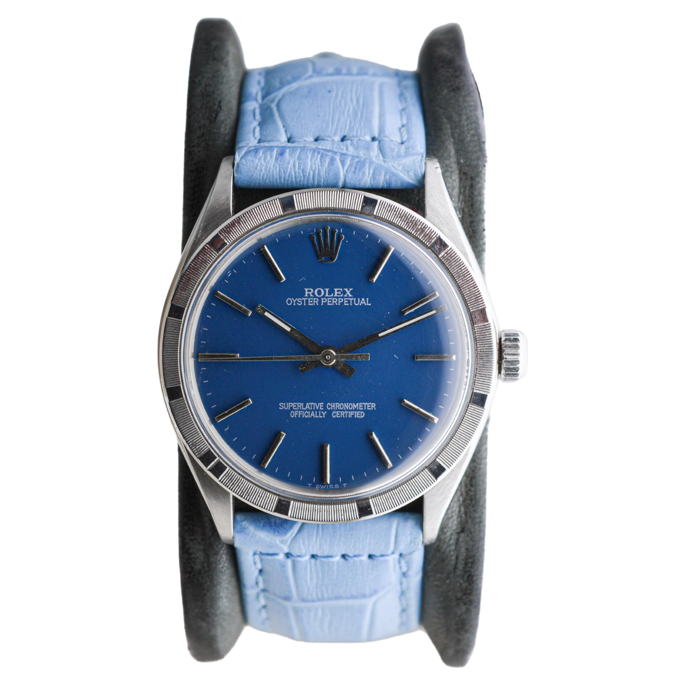 Rolex Steel Oyster Perpetual Thunderbird Bezel Custom Blue Dial, Early 1970's For Sale
