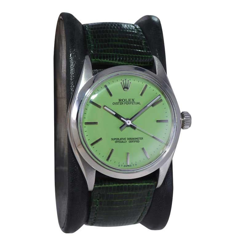 Modernist Rolex Steel Oyster Perpetual with A Custom Finished Mint Green Dial 1970's For Sale