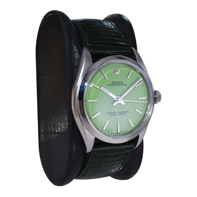 Women's or Men's Rolex Steel Oyster Perpetual with A Custom Finished Mint Green Dial 1970's For Sale