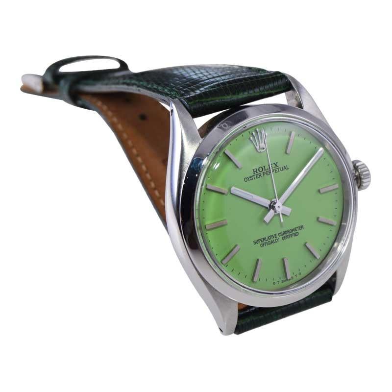 Rolex Steel Oyster Perpetual with A Custom Finished Mint Green Dial 1970's For Sale 2