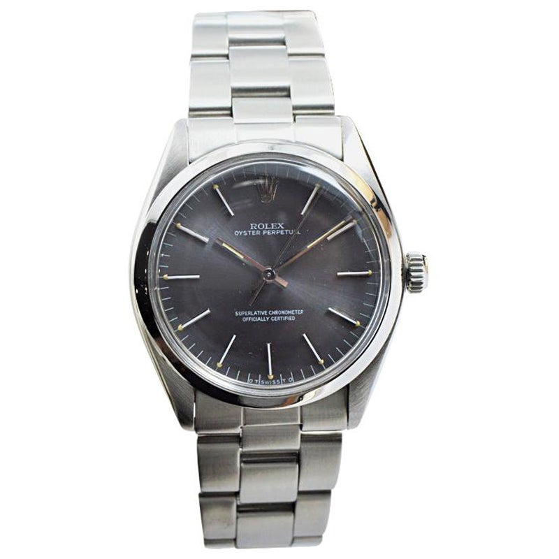 Women's or Men's Rolex Steel Oyster Perpetual with Charcoal Dial, 1960's For Sale