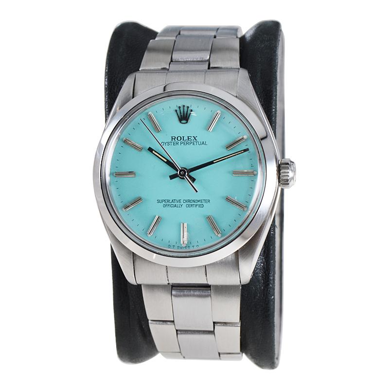 FACTORY / HOUSE: Rolex Watch Company
STYLE / REFERENCE: Oyster Perpetual / 1002
METAL / MATERIAL: Stainless Steel
CIRCA / YEAR: 1986-87
DIMENSIONS / SIZE: 40mm x 34mm
MOVEMENT / CALIBER: Perpetual Winding / Jewels / Cal.1570
DIAL / HANDS: Custom