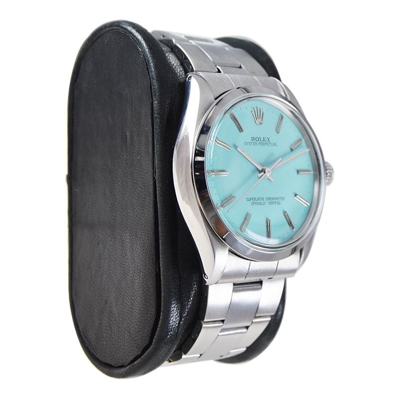 Women's or Men's Rolex Steel Oyster Perpetual with Custom Blue Dial, circa 1980's