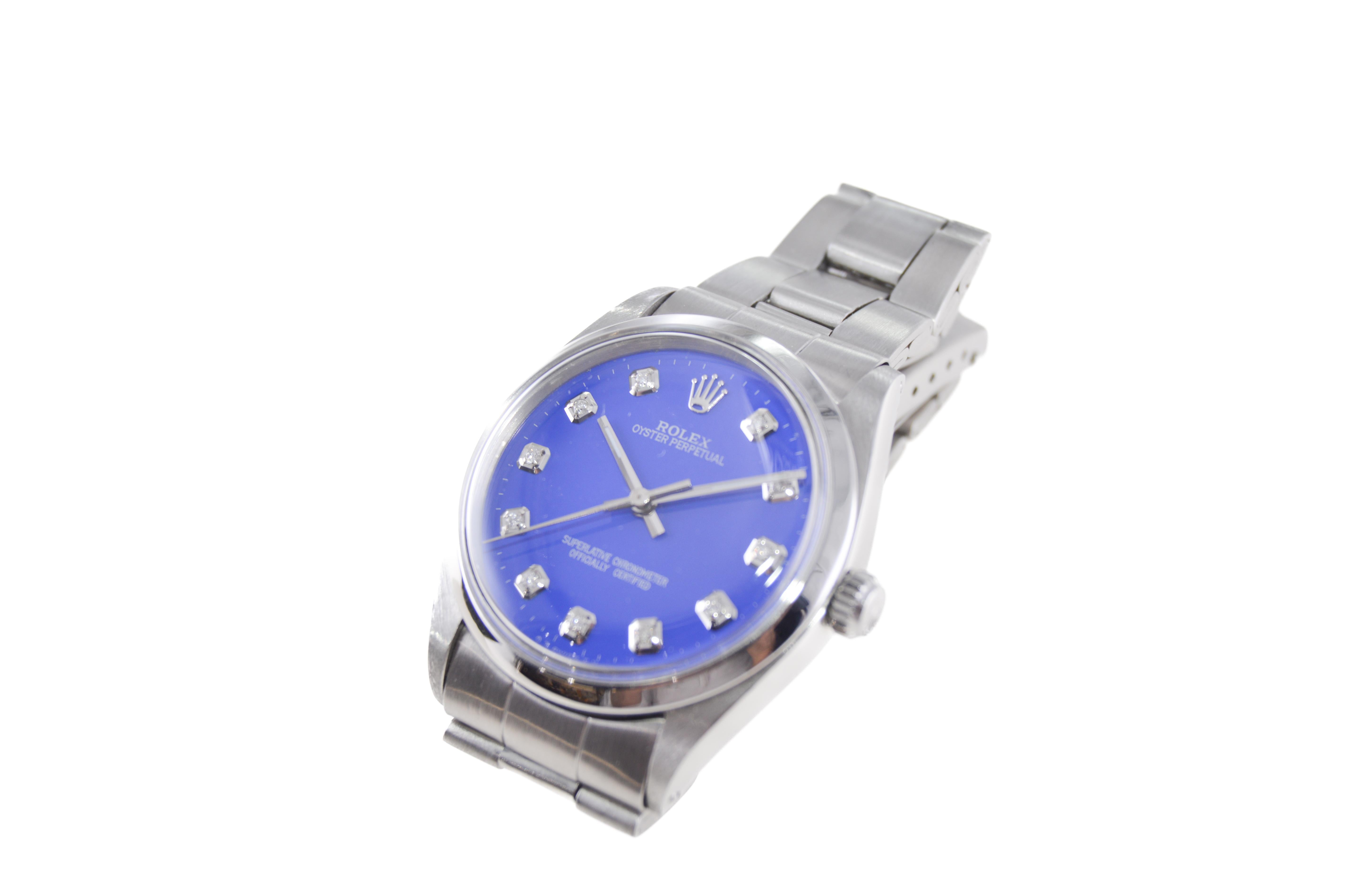 Rolex Steel Oyster Perpetual with Custom Deep Blue Dial, Diamond Markers, 1960s For Sale 5