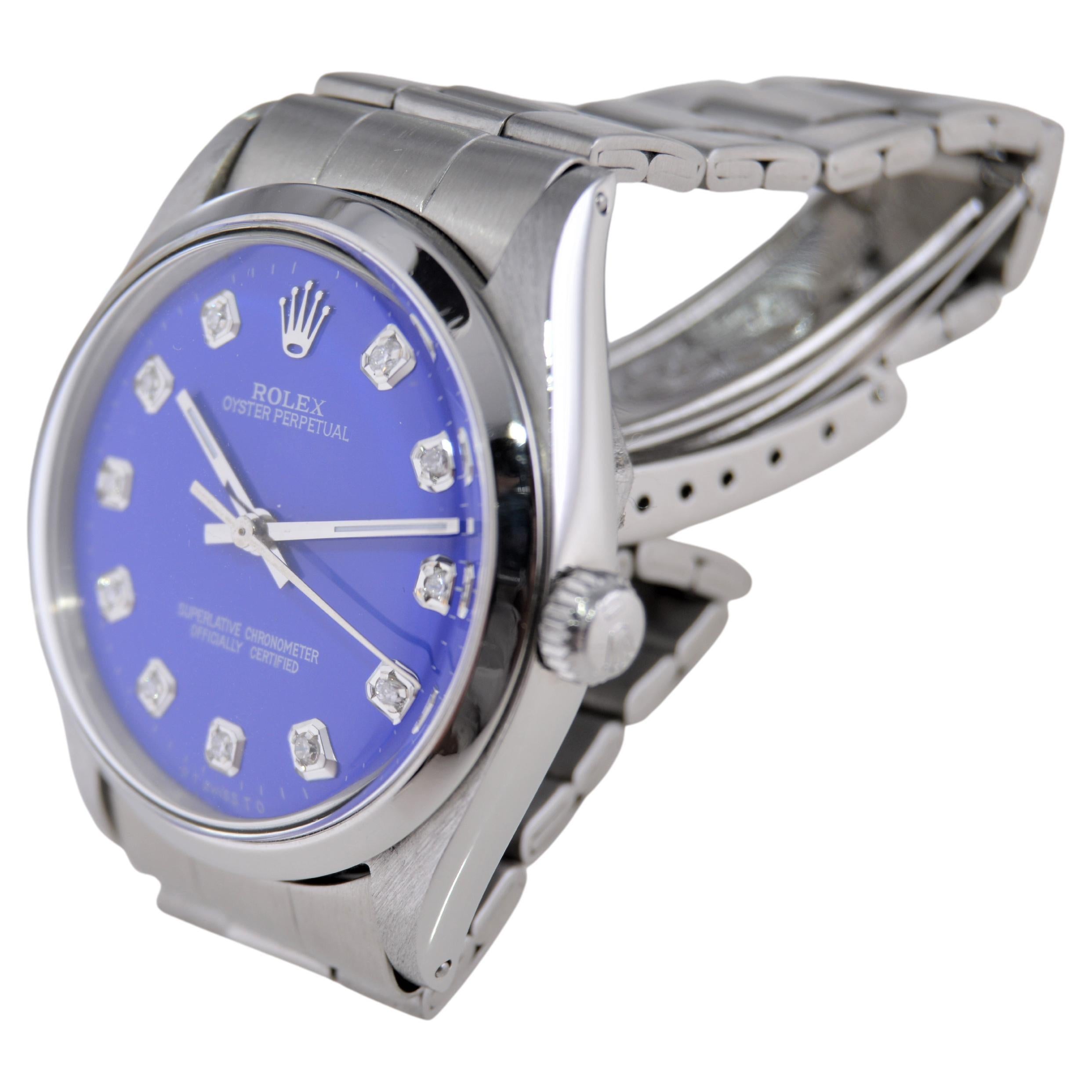 Rolex Steel Oyster Perpetual with Custom Deep Blue Dial, Diamond Markers, 1960s For Sale 3