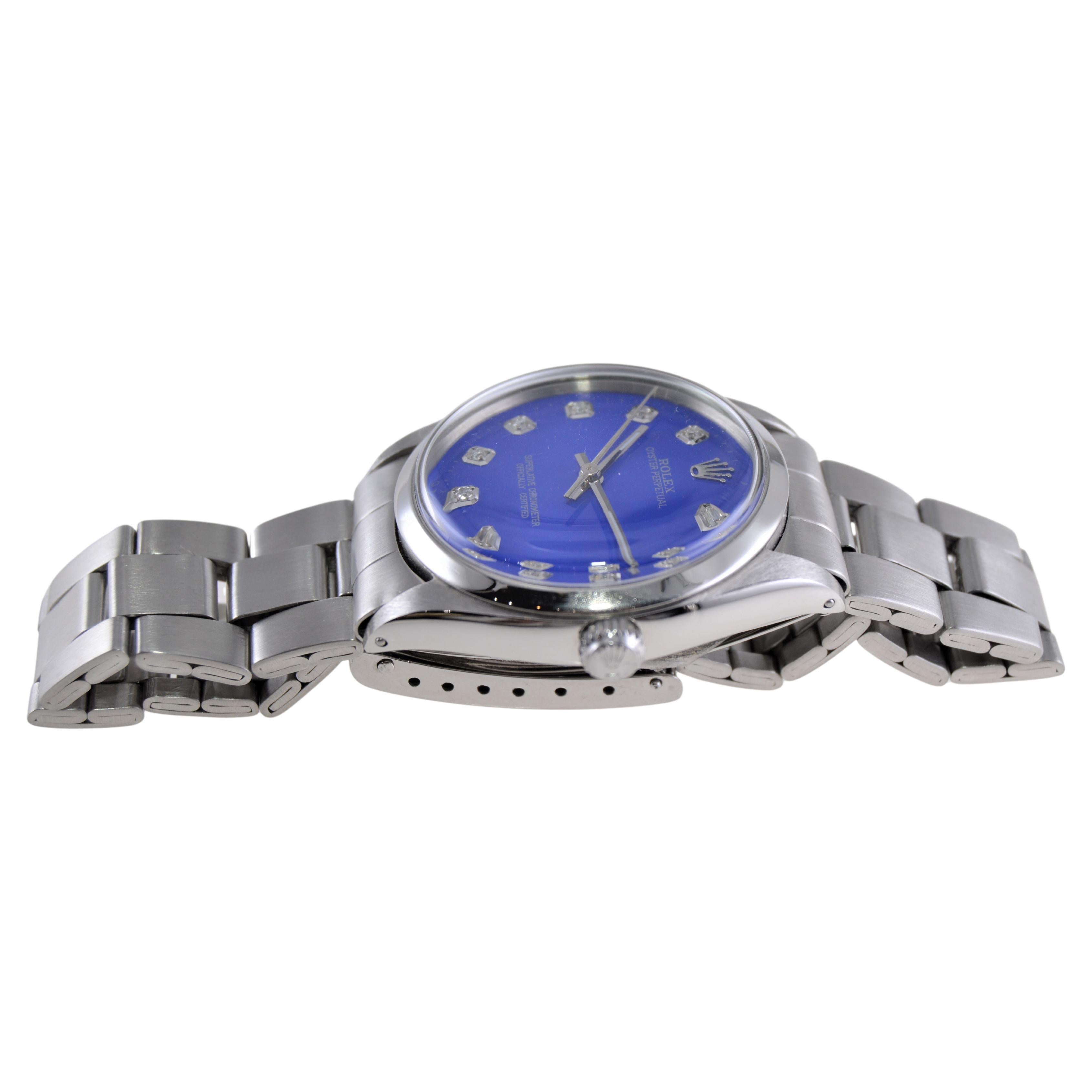 Rolex Steel Oyster Perpetual with Custom Deep Blue Dial, Diamond Markers, 1960s For Sale 7