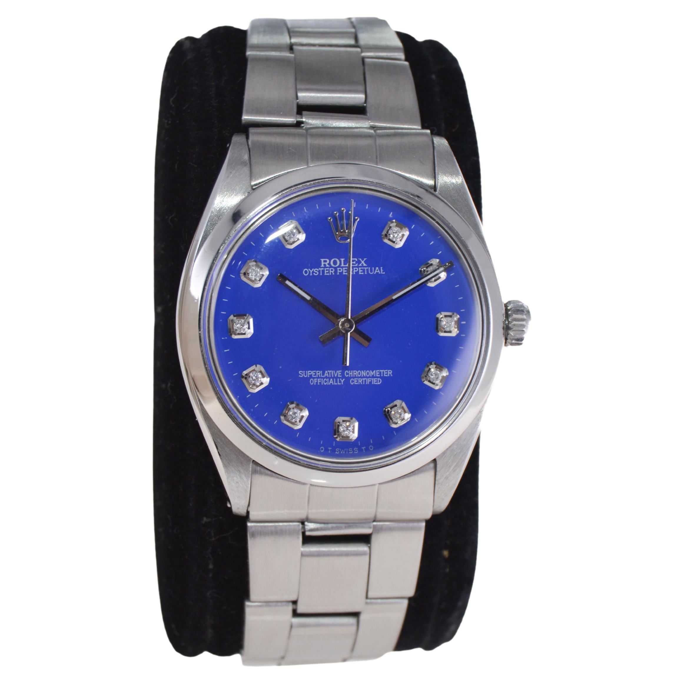Modern Rolex Steel Oyster Perpetual with Custom Deep Blue Dial, Diamond Markers, 1960s For Sale