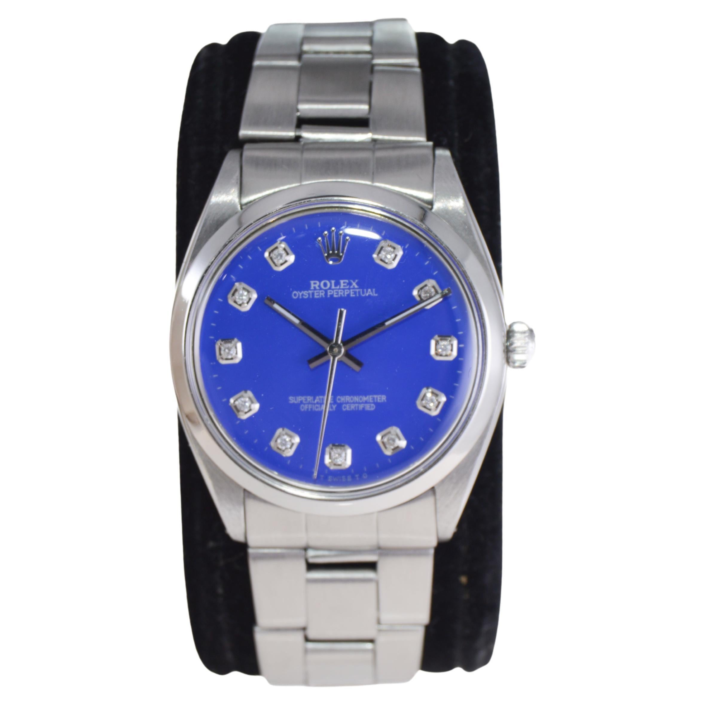 Rolex Steel Oyster Perpetual with Custom Deep Blue Dial, Diamond Markers, 1960s In Excellent Condition For Sale In Long Beach, CA