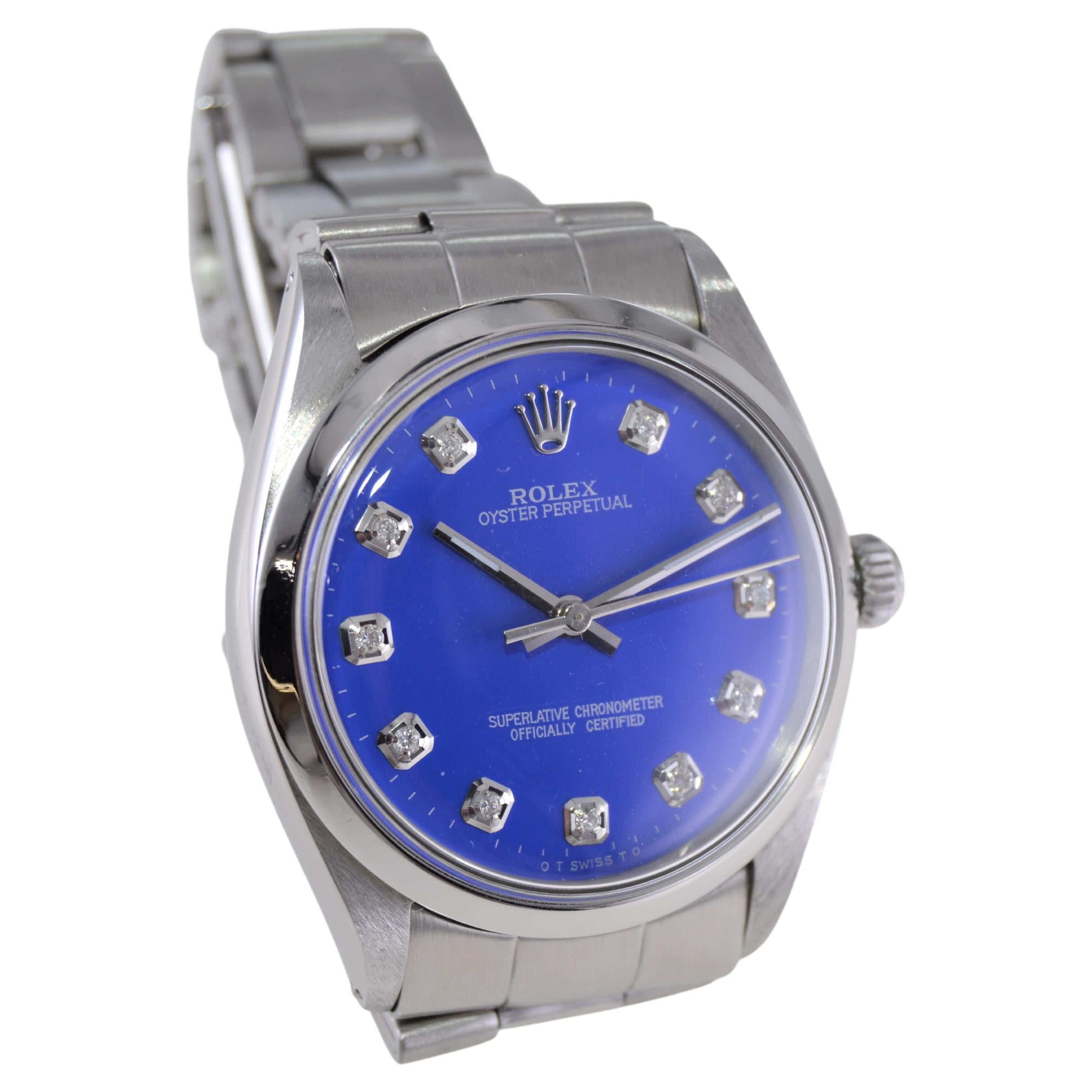Modern Rolex Steel Oyster Perpetual with Custom Deep Blue Dial, Diamond Markers, 1960s For Sale