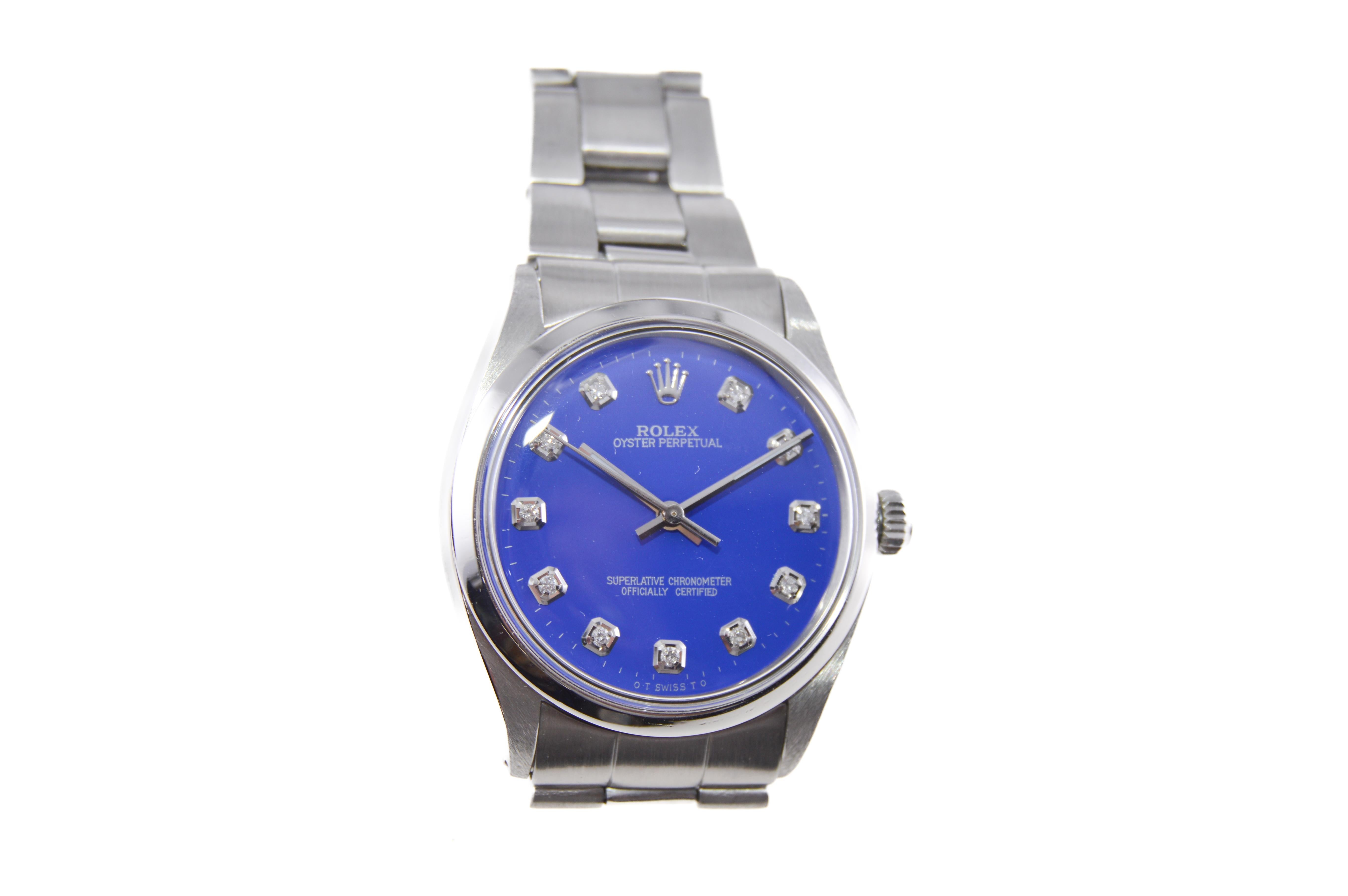 Women's or Men's Rolex Steel Oyster Perpetual with Custom Deep Blue Dial, Diamond Markers, 1960s